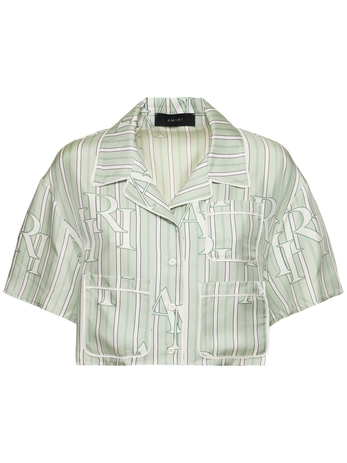 Shop Amiri Silk Satin Short Sleeve Cropped Shirt In Green,multi