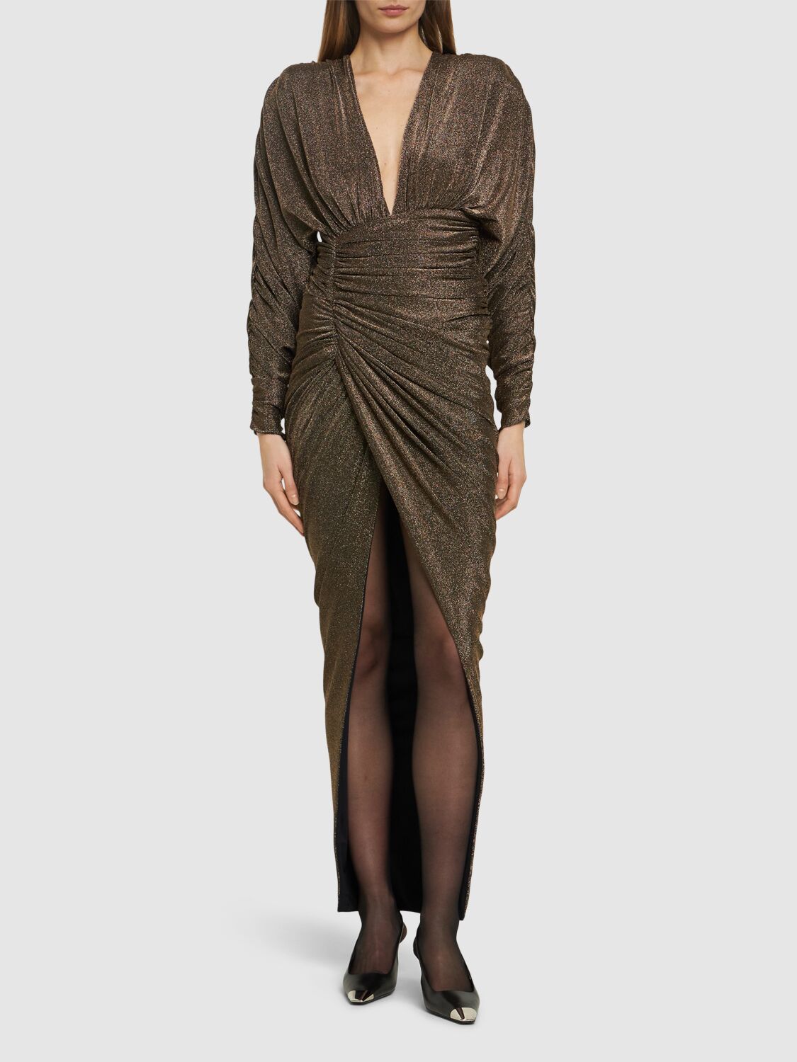 Shop Alexandre Vauthier Draped Lurex Jersey Long Dress In Gold