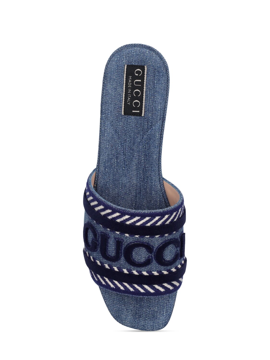 Shop Gucci 10mm Denim Slide Sandals W/  Script In Light Blue