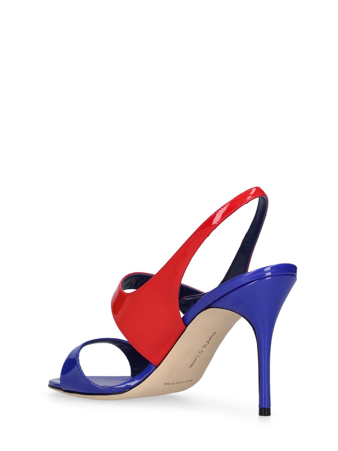 Shop Manolo Blahnik 90mm Climnetra Patent Leather Sandals In Blue,red
