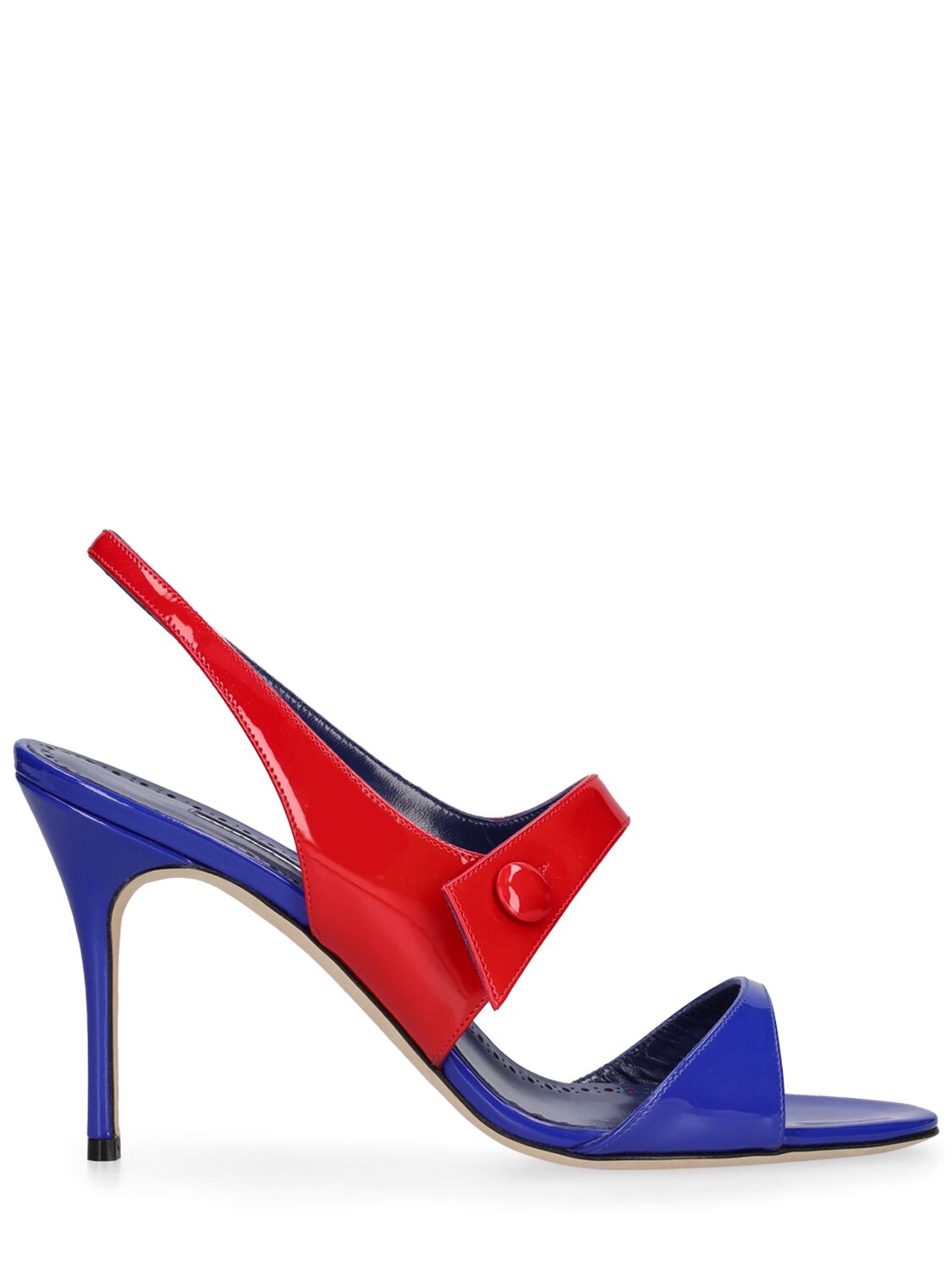 Shop Manolo Blahnik 90mm Climnetra Patent Leather Sandals In Blue,red