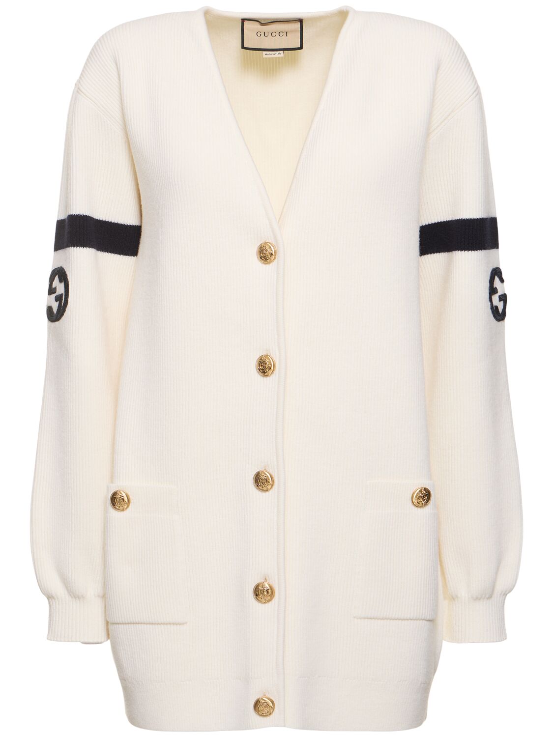 Shop Gucci Wool Blend Cardigan With Interlocking G In Ivory,navy