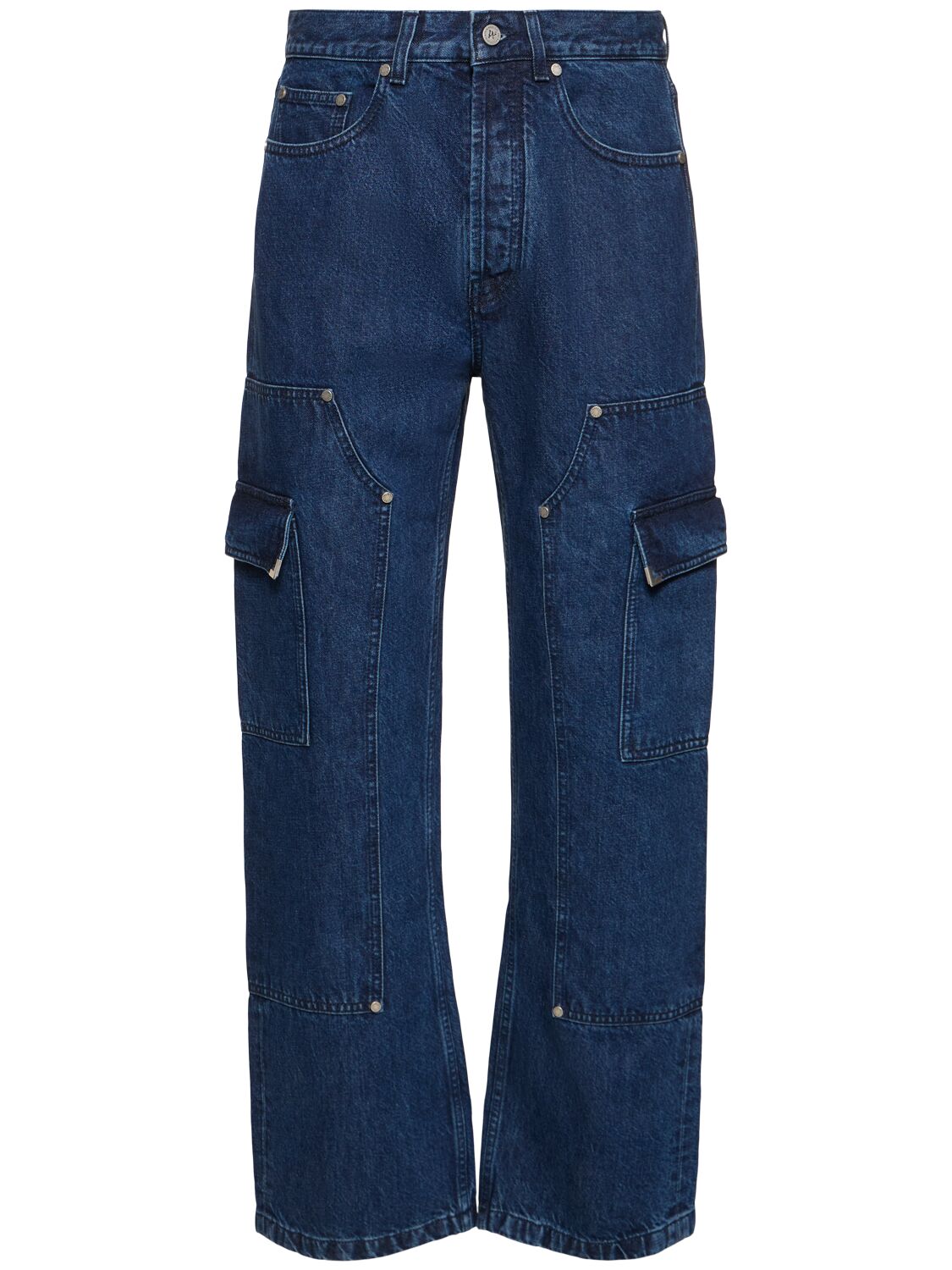 Shop Palm Angels Metal Frame Cotton Denim Cargo Jeans In Indigo Blue