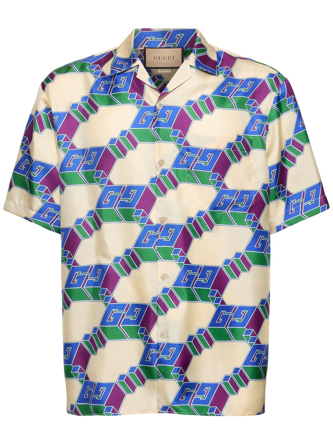 Gucci Gg Hawaii Silk Bowling Shirt In Ivory,blue