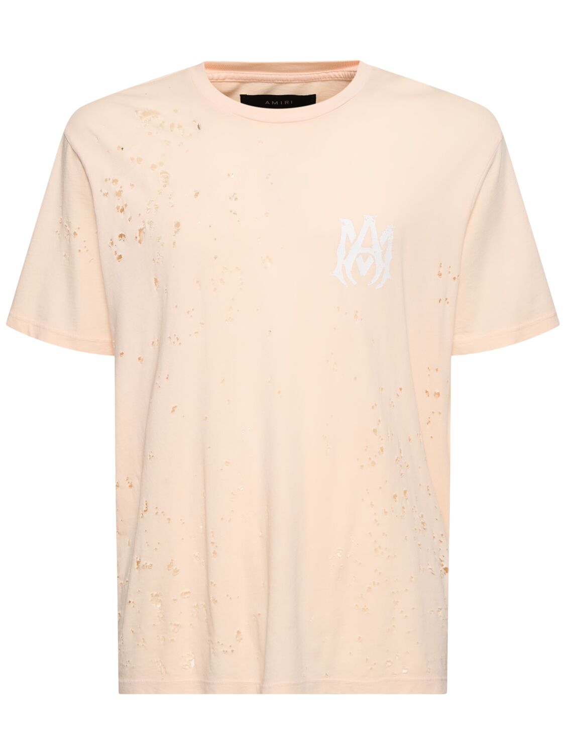 Amiri Ma Logo Distressed Cotton Jersey T-shirt In Beige