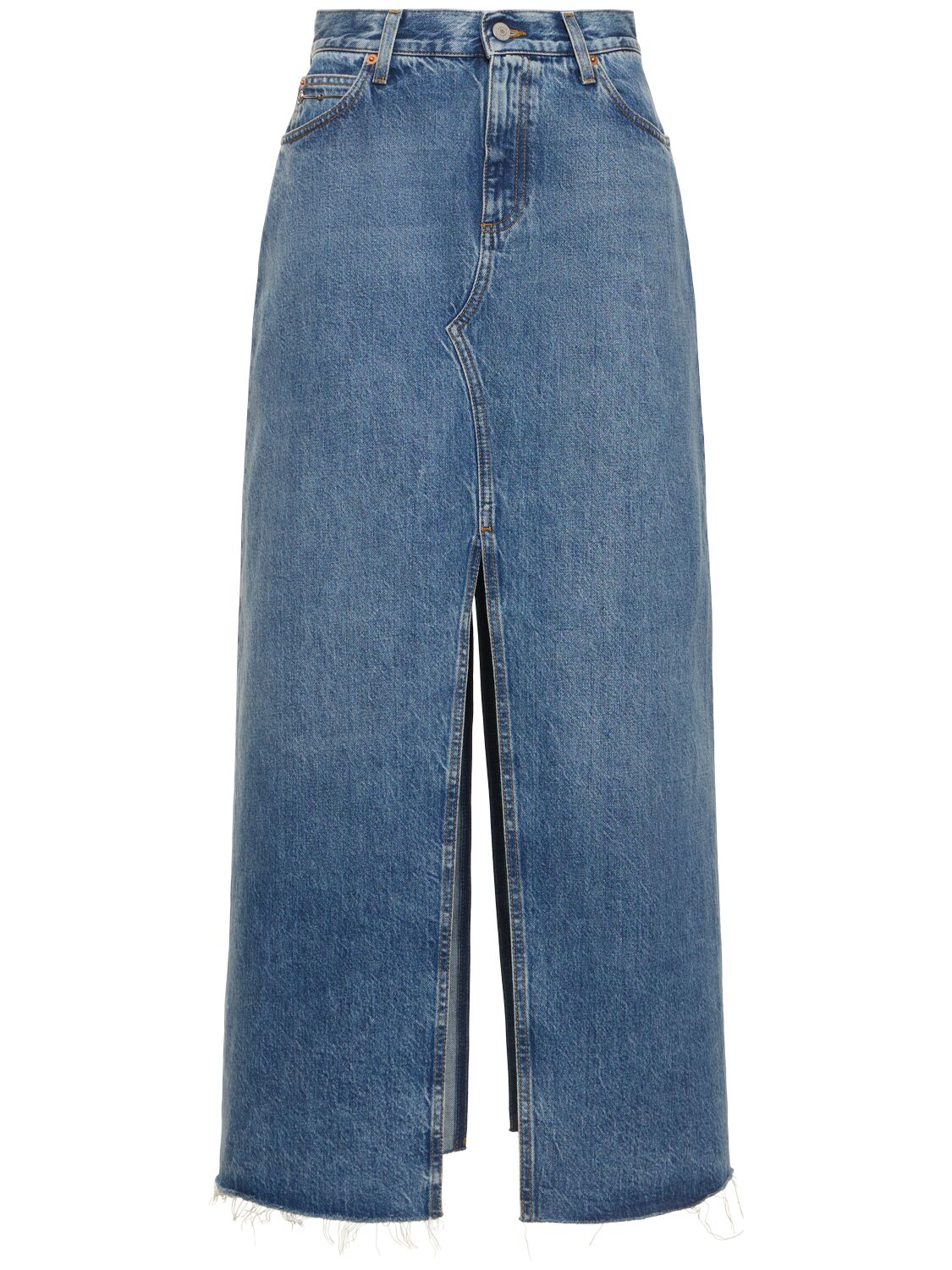 Shop Gucci Denim Long Skirt W/horsebit In Blue