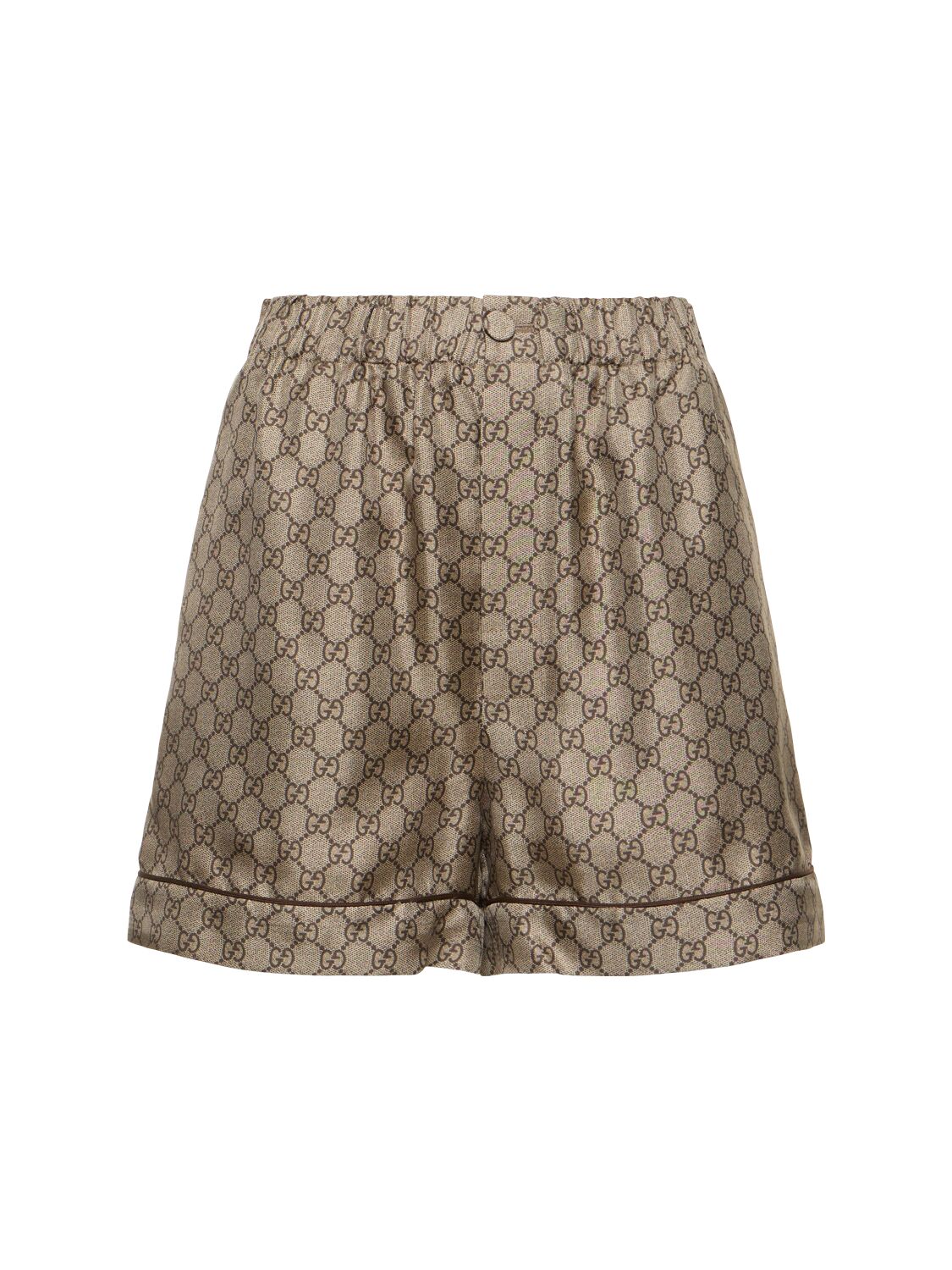 Shop Gucci Gg Supreme Printed Silk Twill Shorts In Camel,ebony