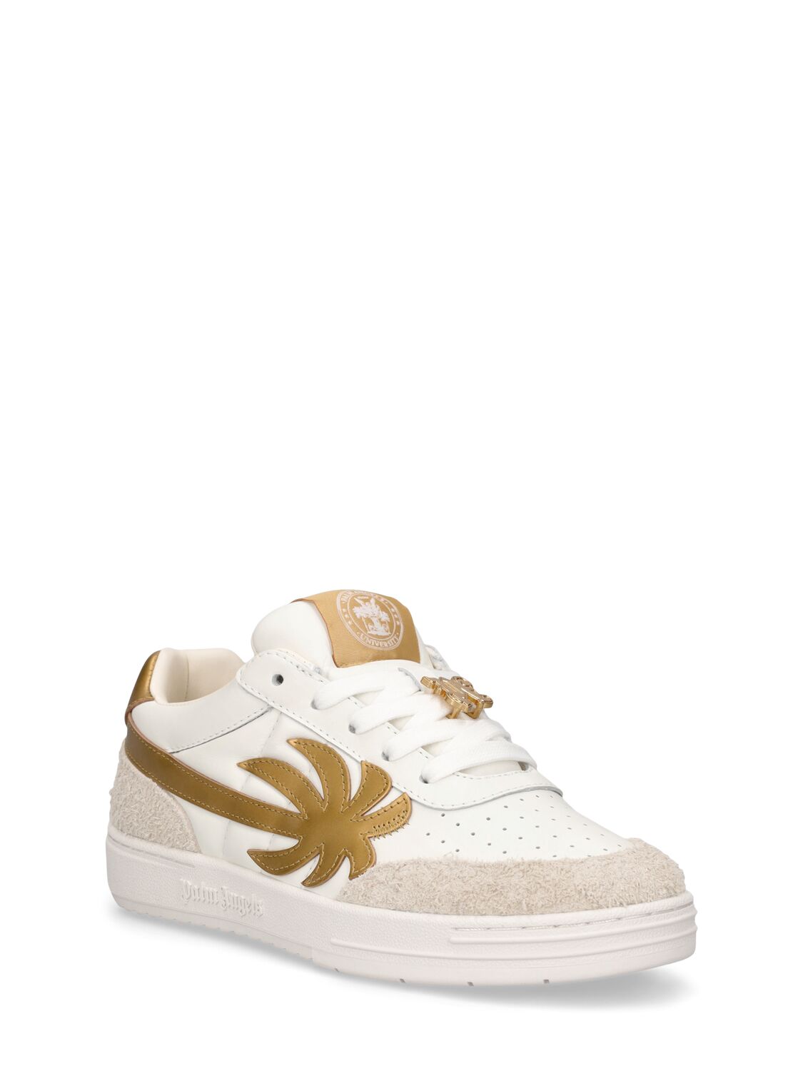 Shop Palm Angels Palm Beach University Leather Sneakers In White,gold