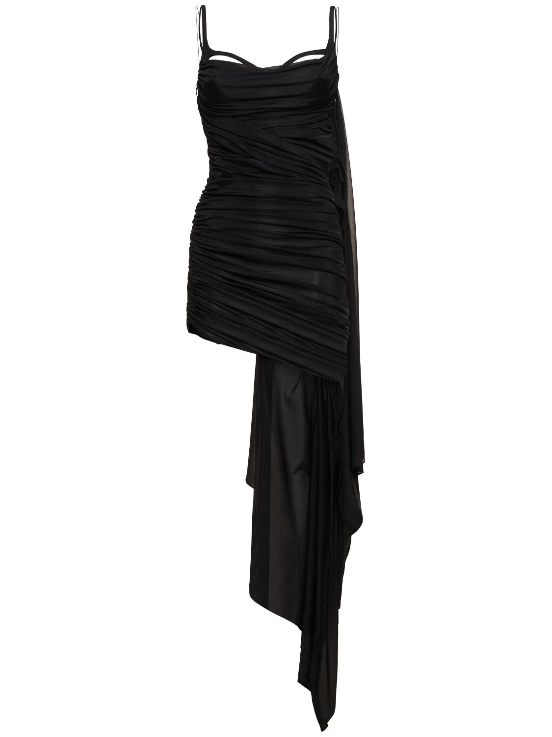 Mugler Draped Tech Jersey Mini Dress In Black