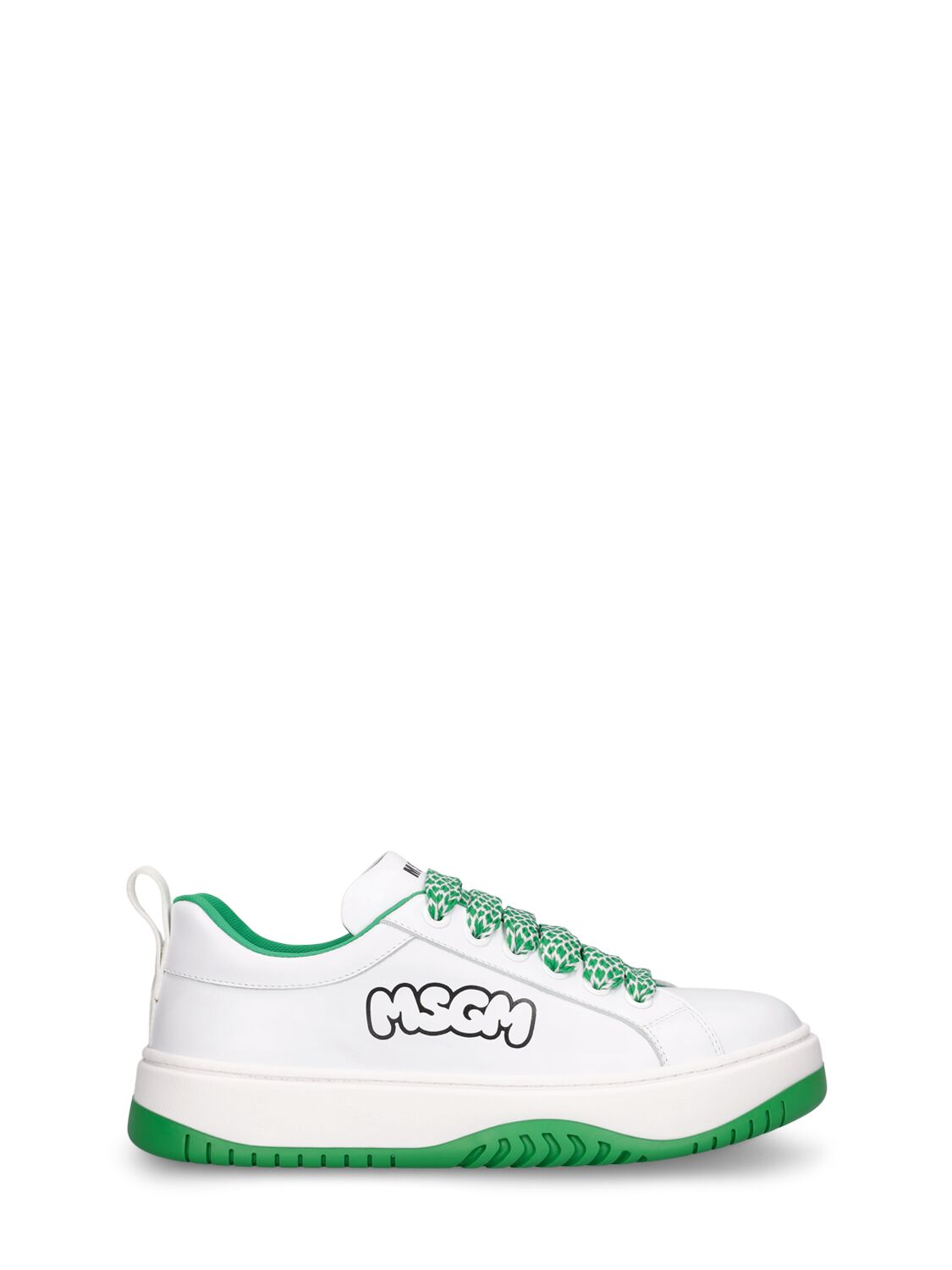 Msgm Kids' Logo Print Leather Lace-up Sneakers In White,green