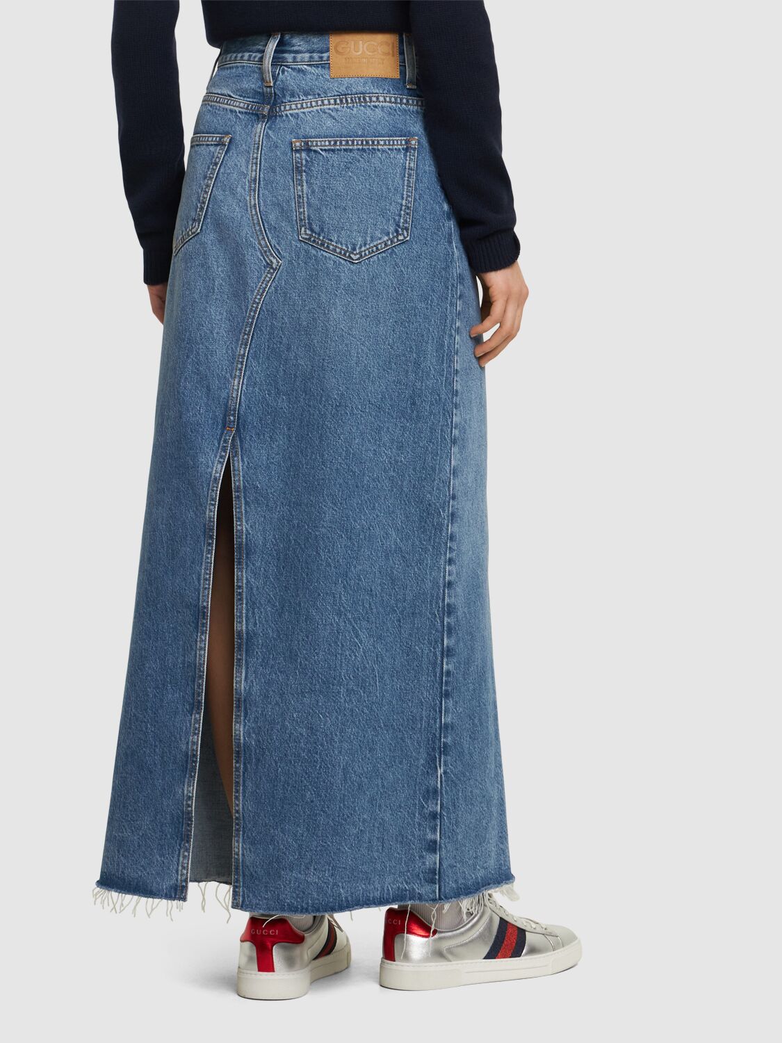Shop Gucci Denim Long Skirt W/horsebit In Blue