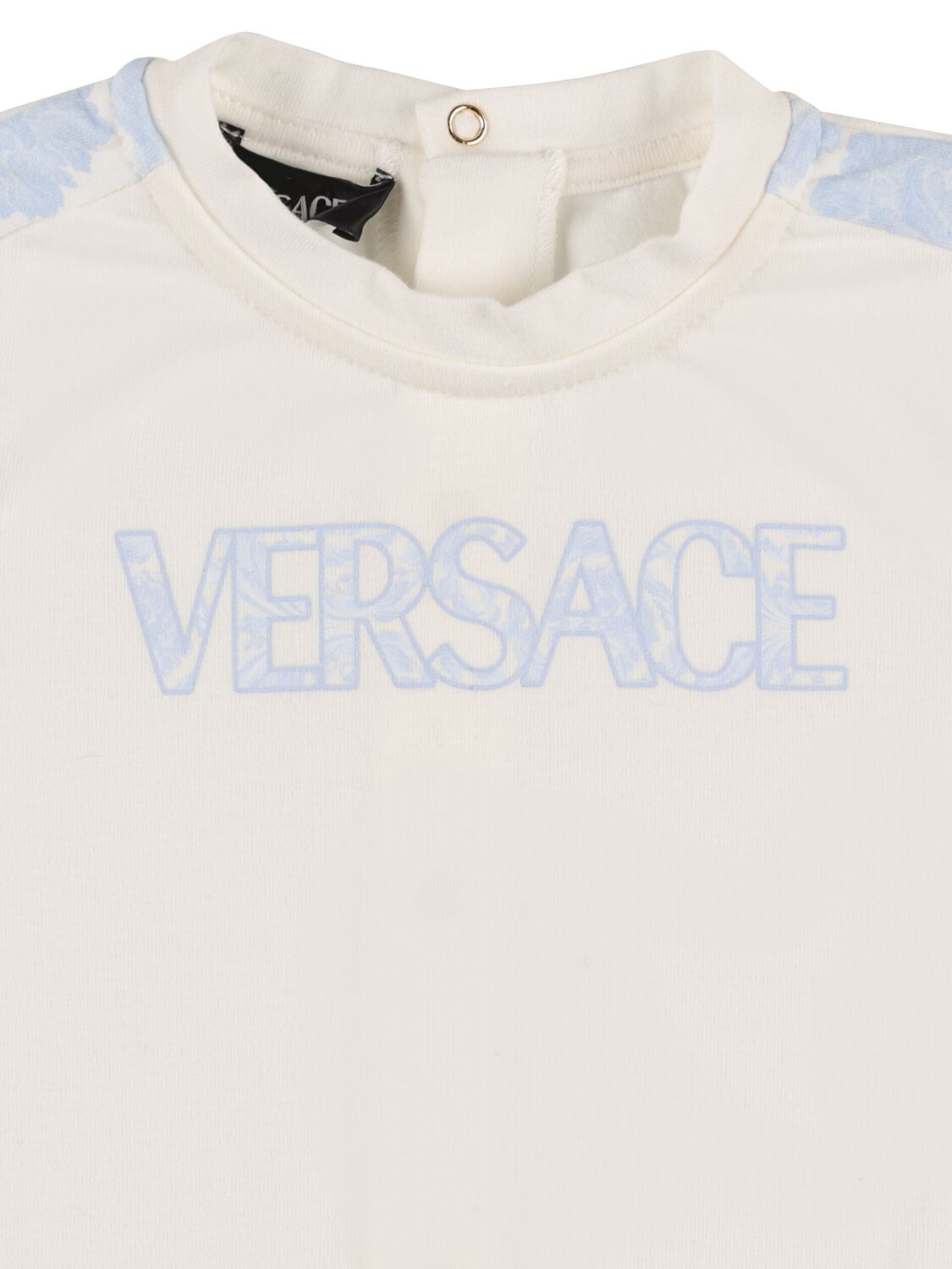 Shop Versace Cotton Jersey Long Sleeve Romper & Hat In White,light Blue