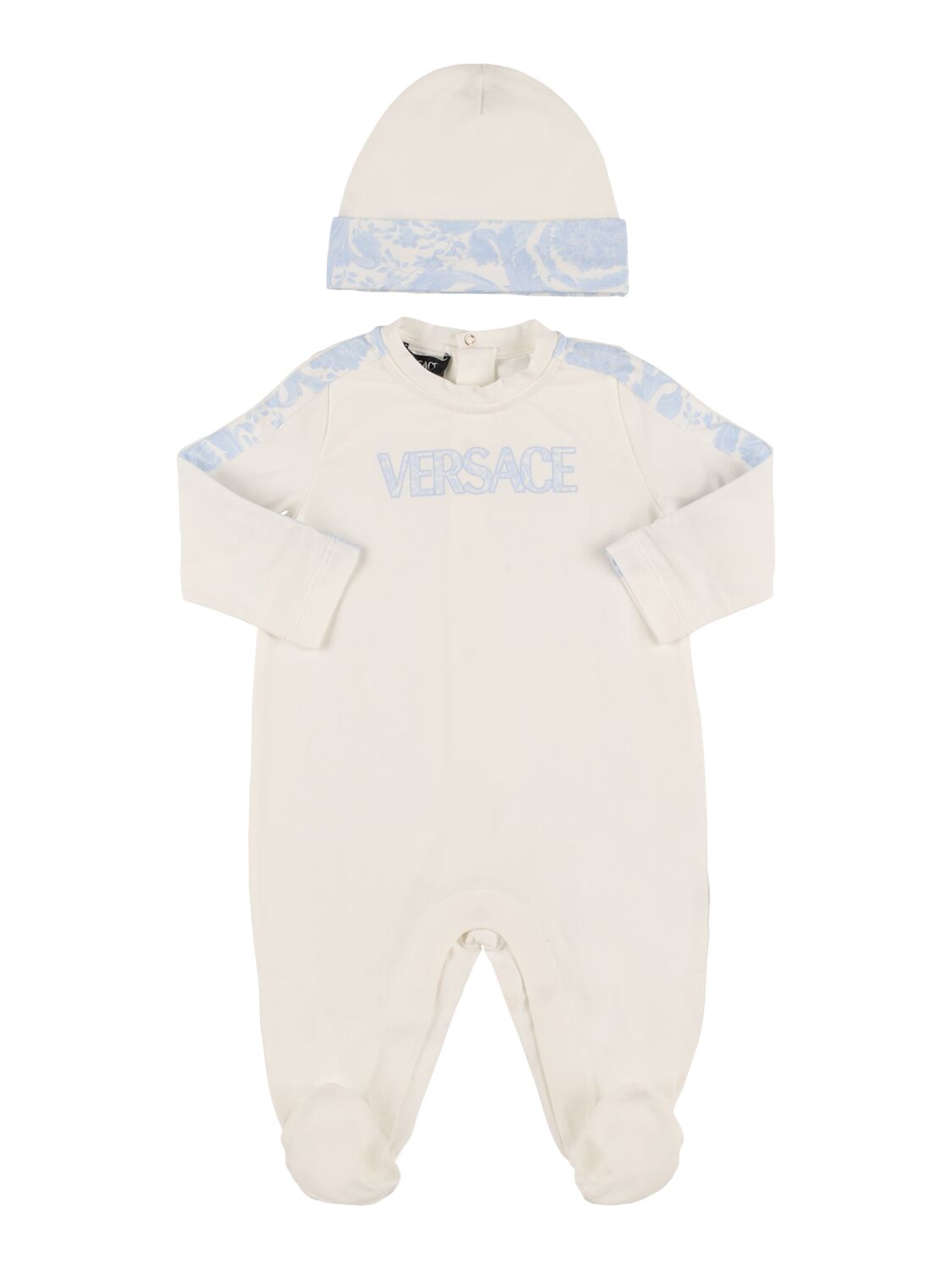 Versace Babies' Cotton Jersey Long Sleeve Romper & Hat In White,light Blue