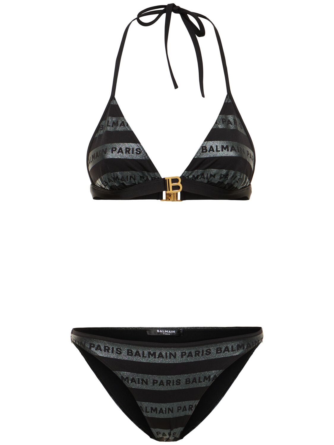 Balmain Glitter Striped Logo Triangle Bikini In 多色,黑色