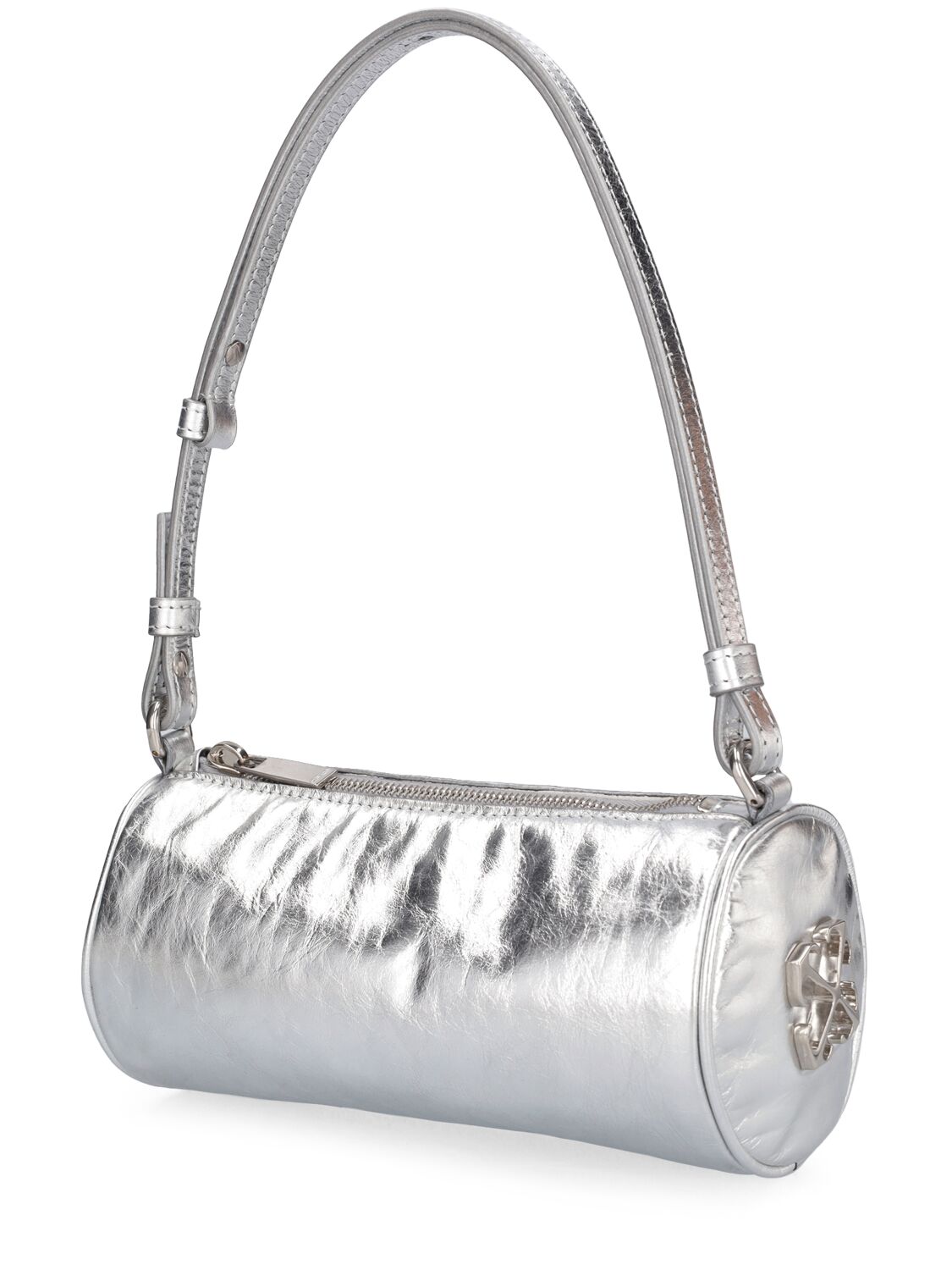 Shop Off-white Torpedo Metallic Leather Phone Bag In Silver