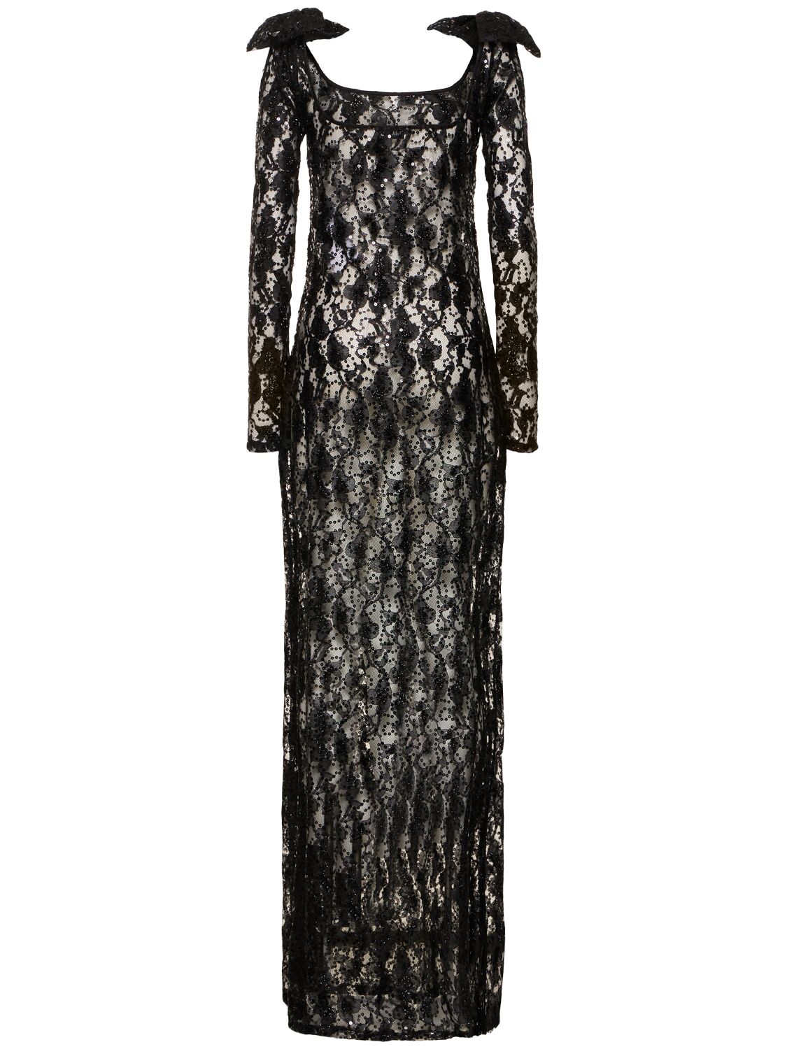 Shop Nina Ricci Sequined Lace Cutout Long Dress W/ Bow In Black