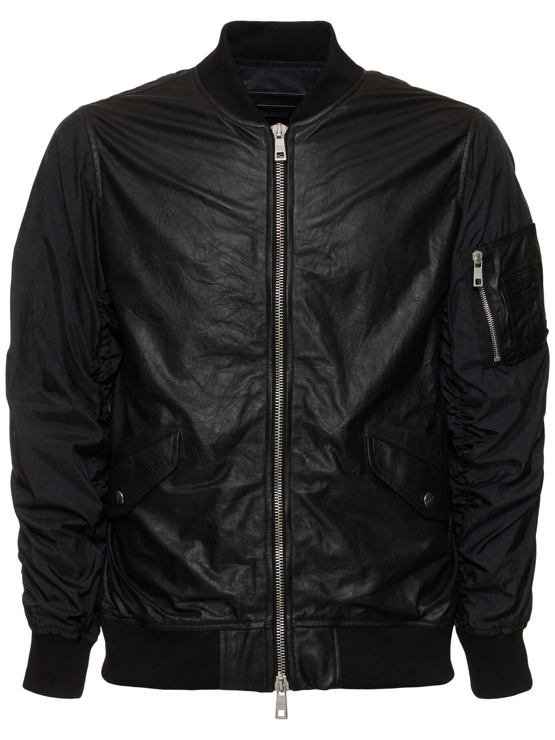 Image of Wrinkled Leather & Nylon Bomber Jacket