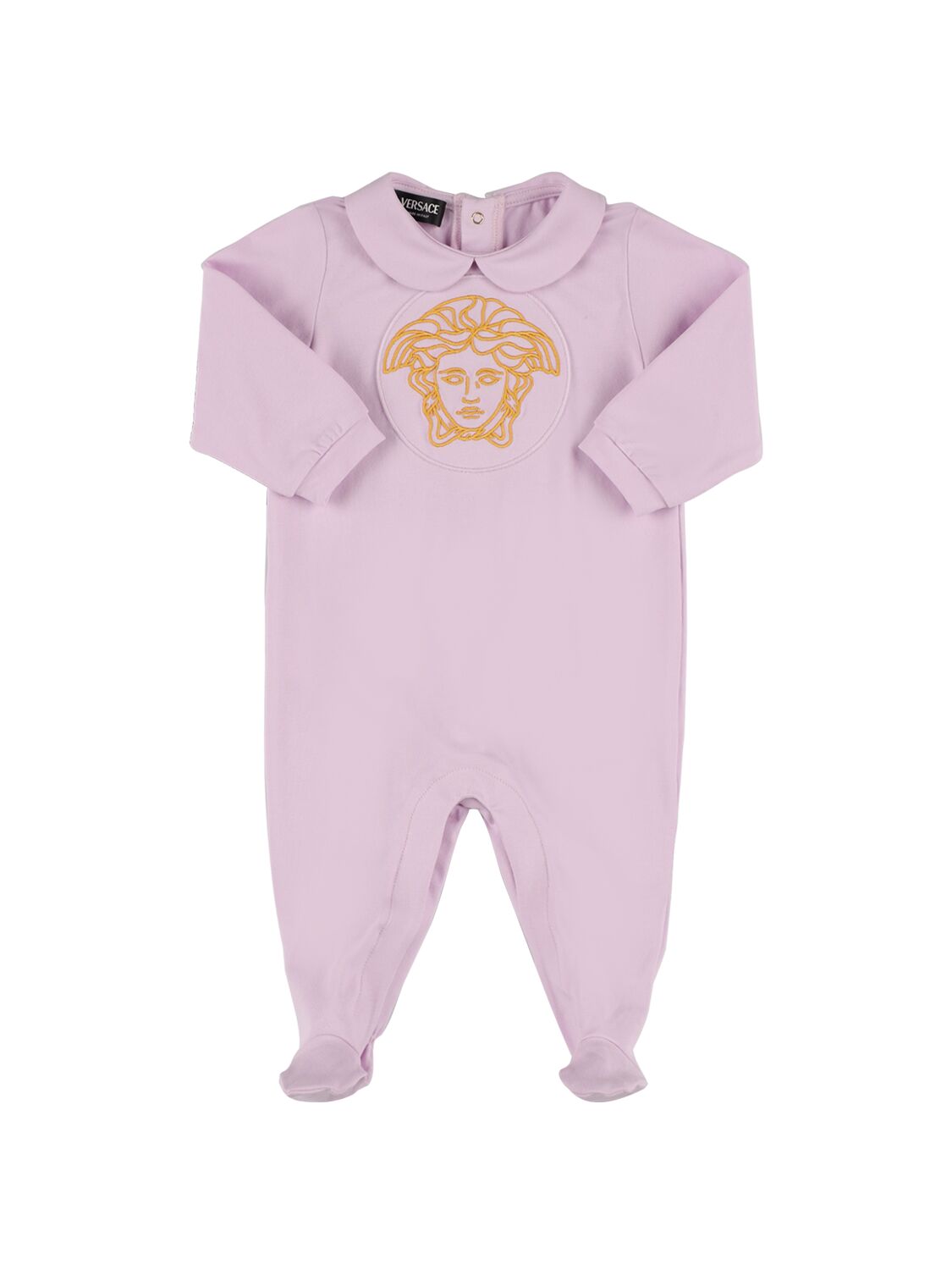 Versace Babies' Embroidered Medusa Cotton Jersey Romper In Lilac