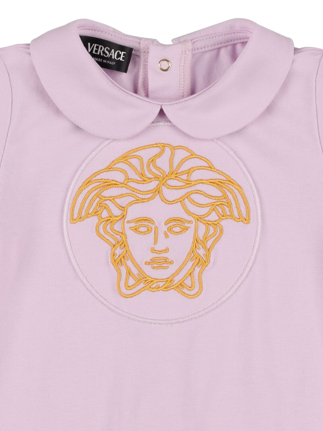 Shop Versace Embroidered Medusa Cotton Jersey Romper In Lilac