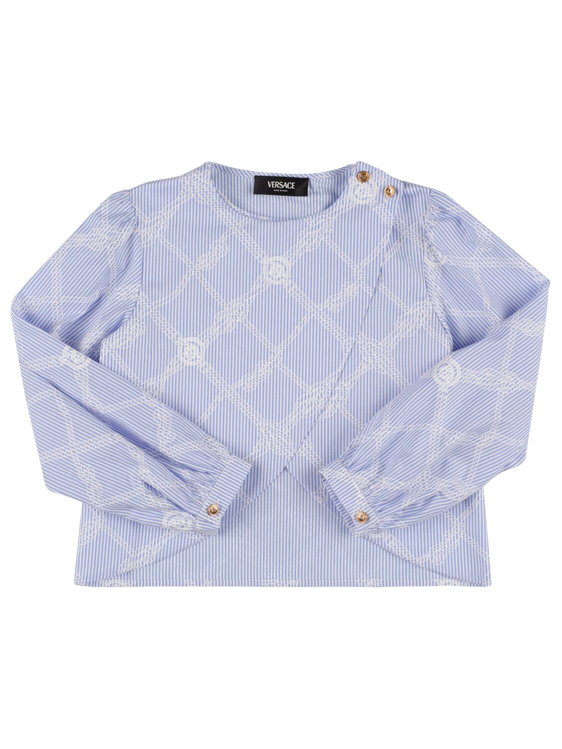 Versace Kids' Check Print Cotton Poplin Shirt In Light Blue