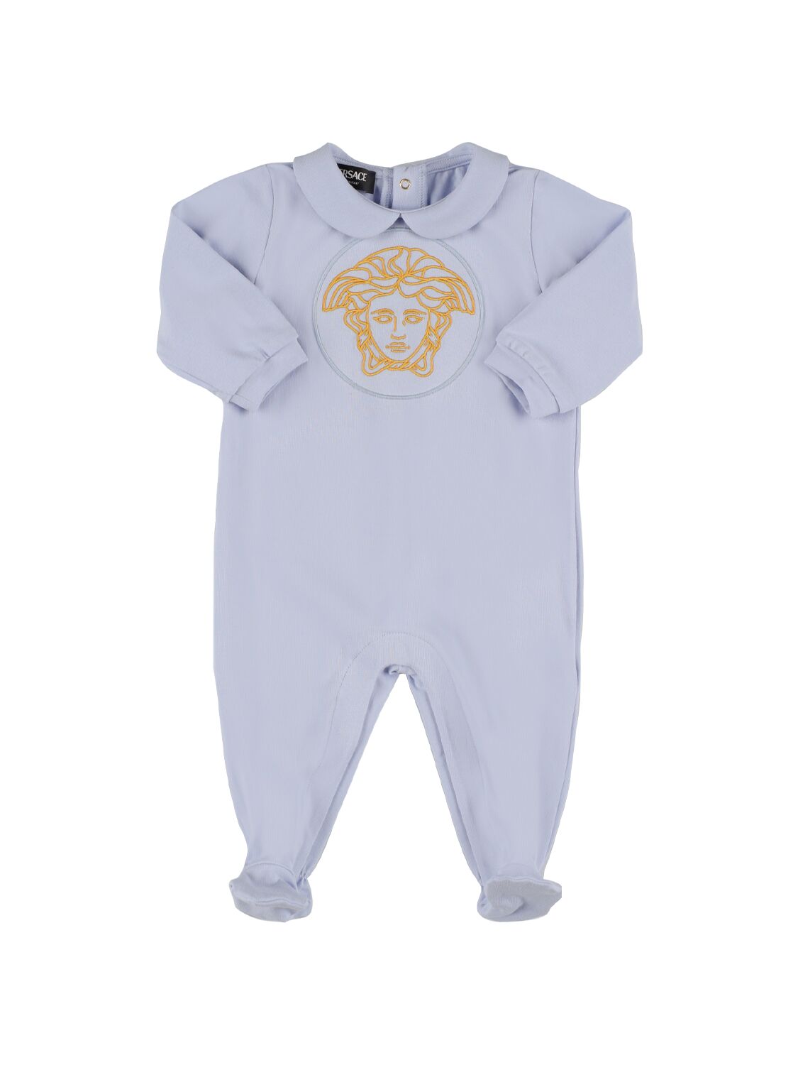 Versace Babies' Embroidered Cotton Jersey Romper In Blue,gold