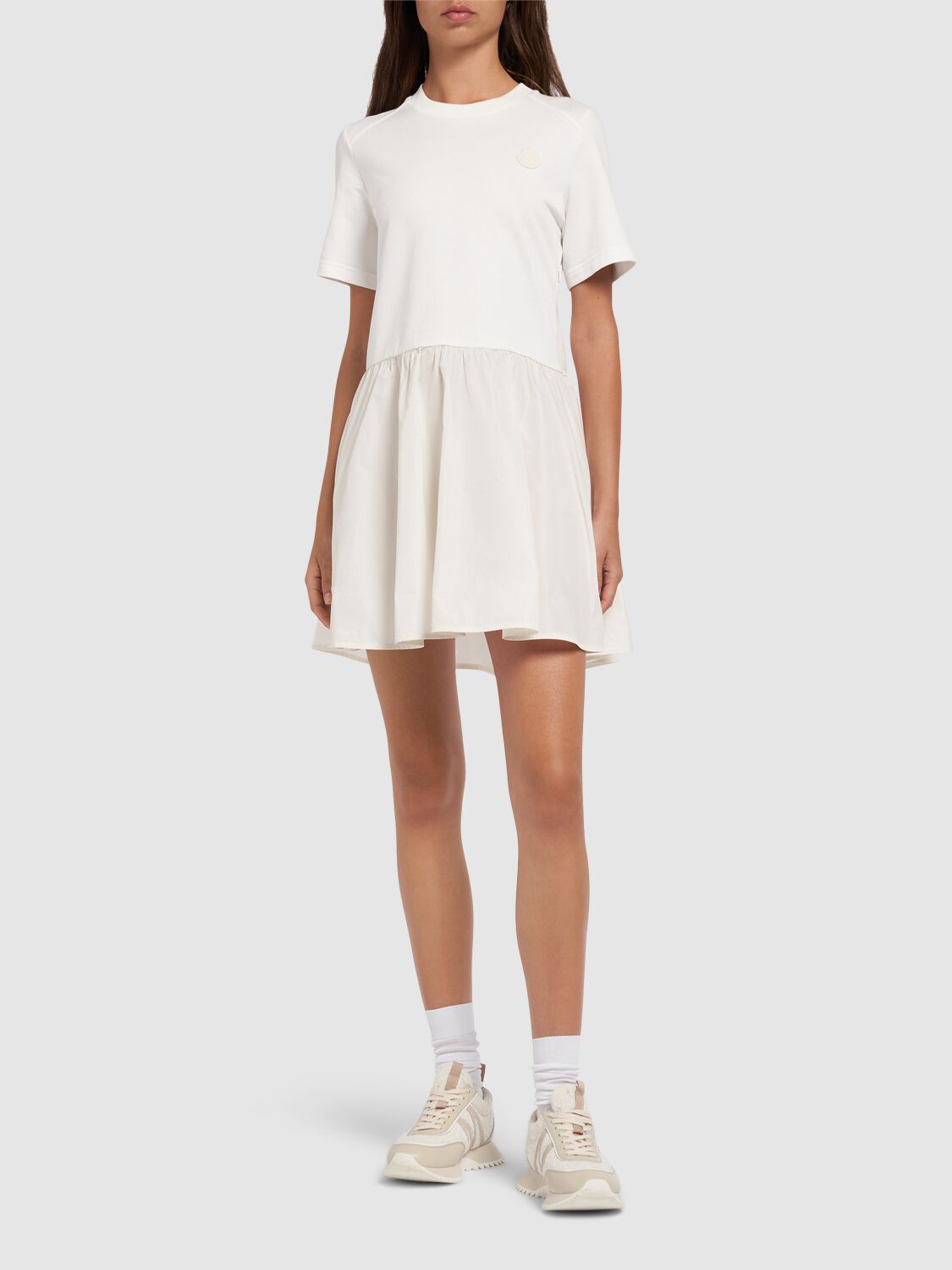 Shop Moncler Fit & Flare Cotton Mini Dress In Silk White