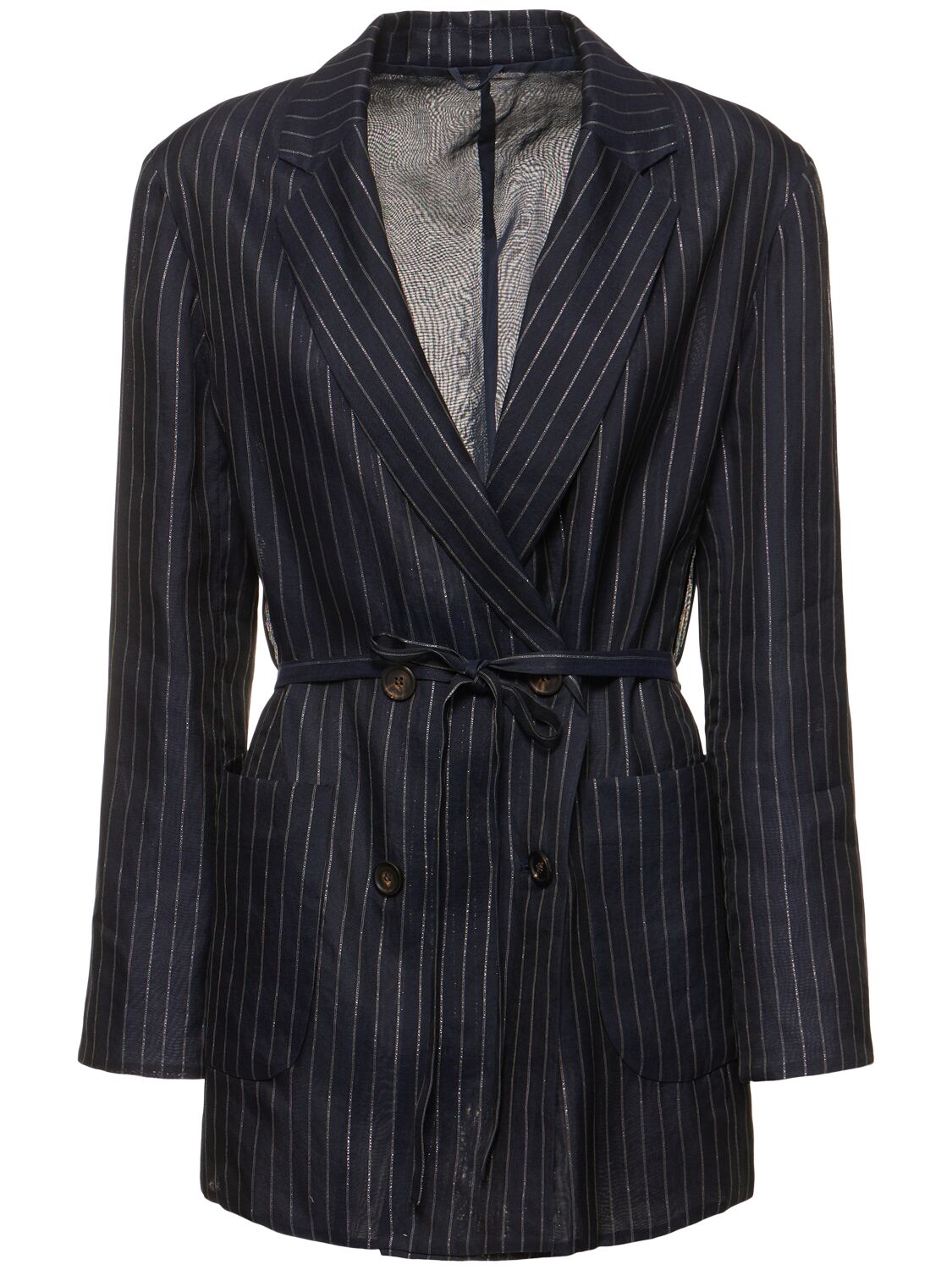 Shop Brunello Cucinelli Pinstripe Cotton Blend Jacket In Blue,silver