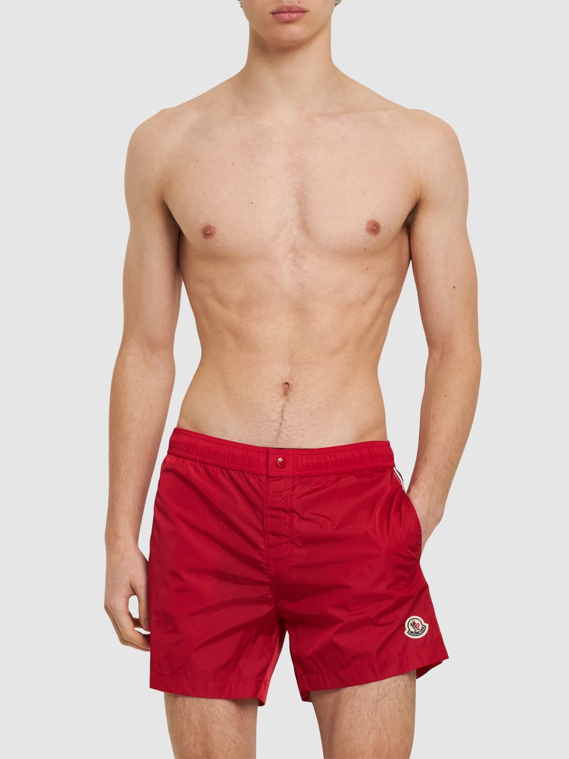 Shop Moncler Logo Nylon Swim Shorts In 红色