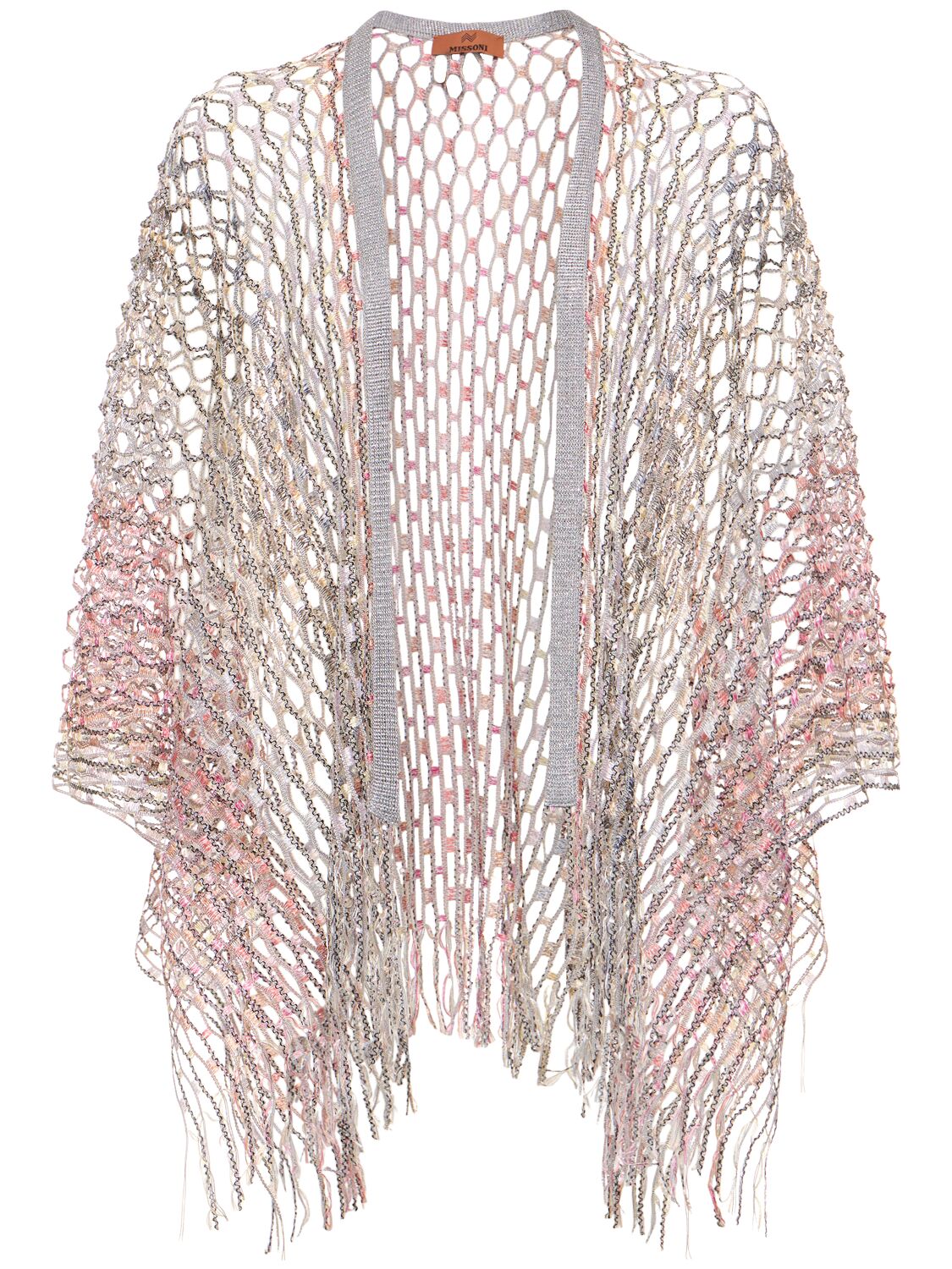 Shop Missoni Fringed Open Knit Poncho In Silver