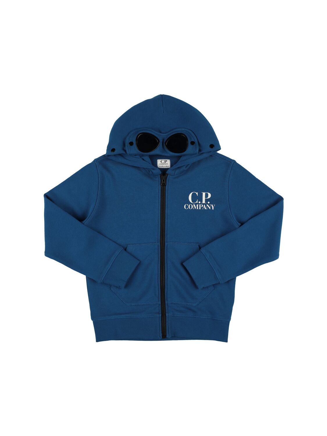 C.p. Company Kids' Logo Print Cotton Zip-up Sweatshirt In Dark Blue