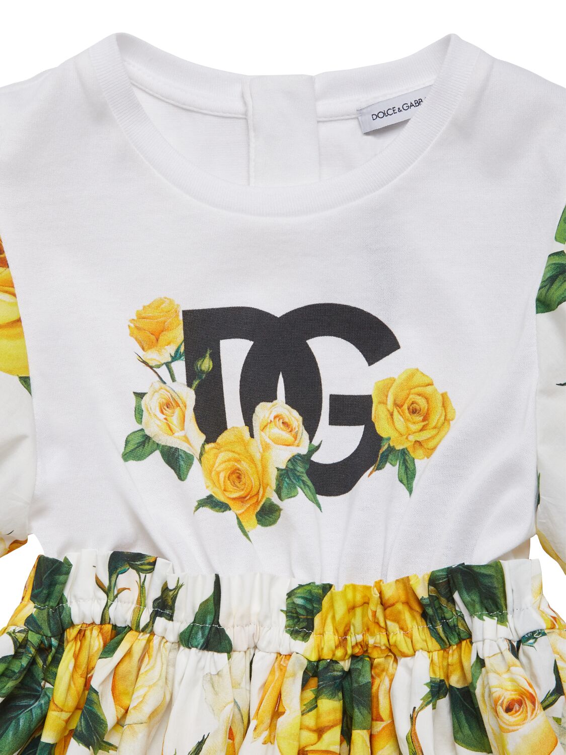 Shop Dolce & Gabbana Flower Printed Cotton Dress W/ Logo In White,yellow