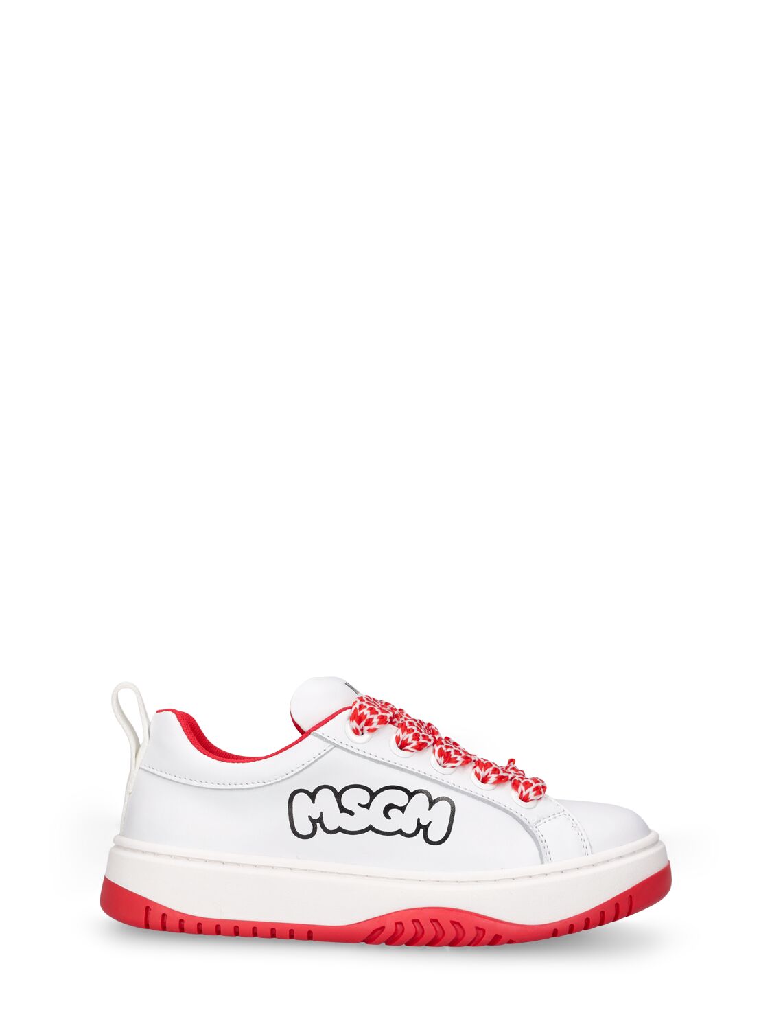 Msgm Kids' Logo Print Leather Lace-up Sneakers In White,red