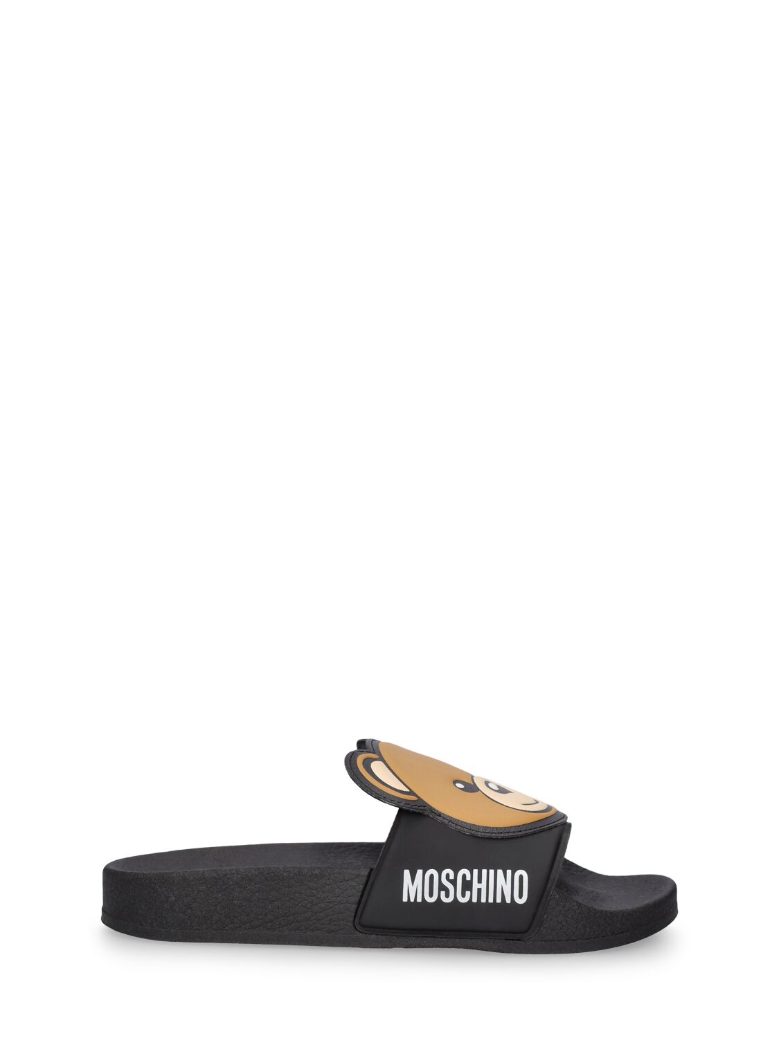 Moschino Kids' Logo Print Rubber Slide Sandals W/ Patch In Black