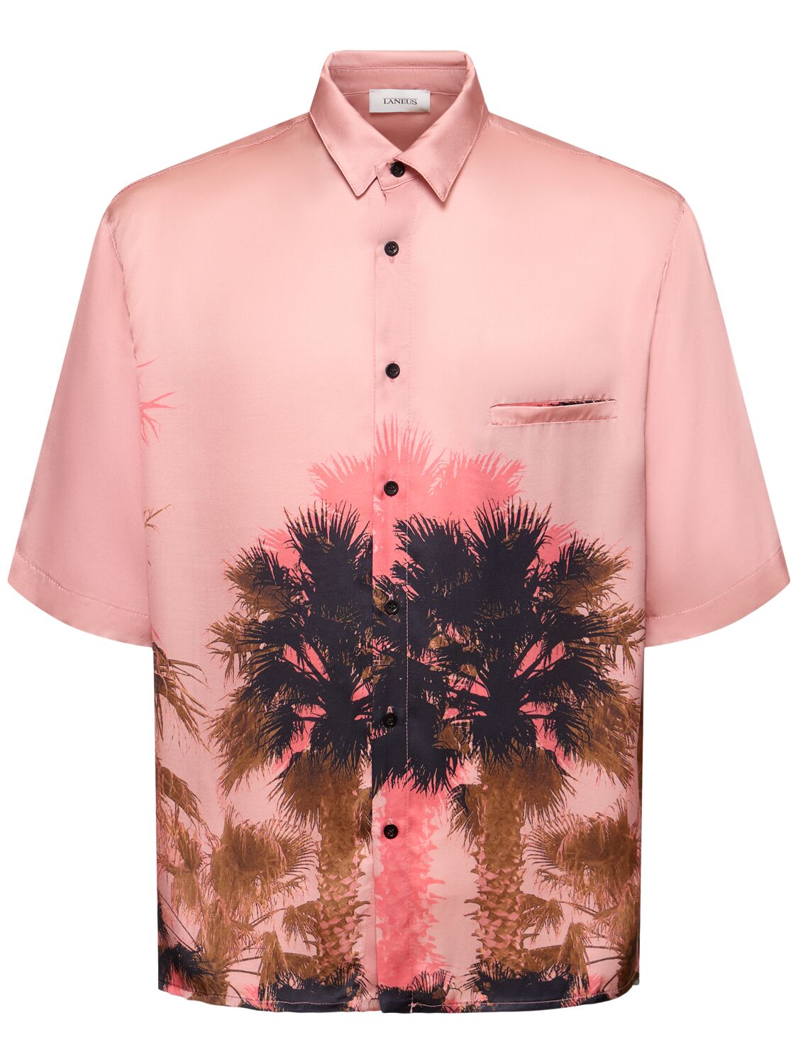 Laneus Palm Tree-print Satin Shirt In Pink