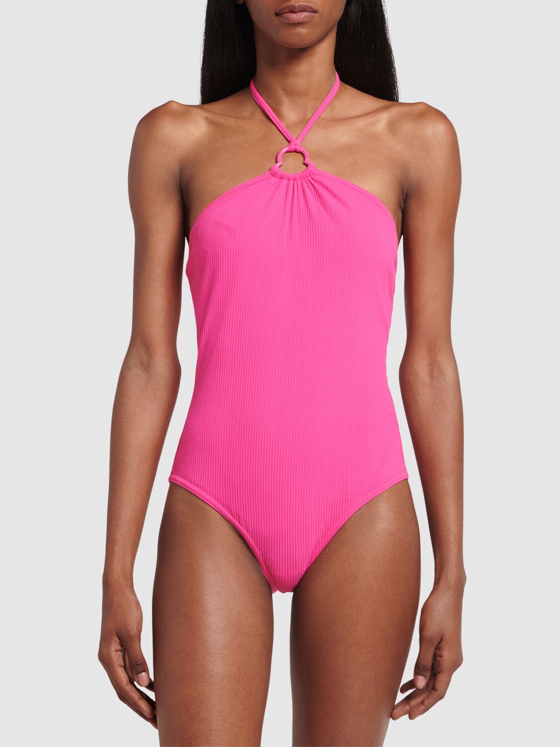 Shop Moncler Jersey One Piece Swimsuit In 桃红色