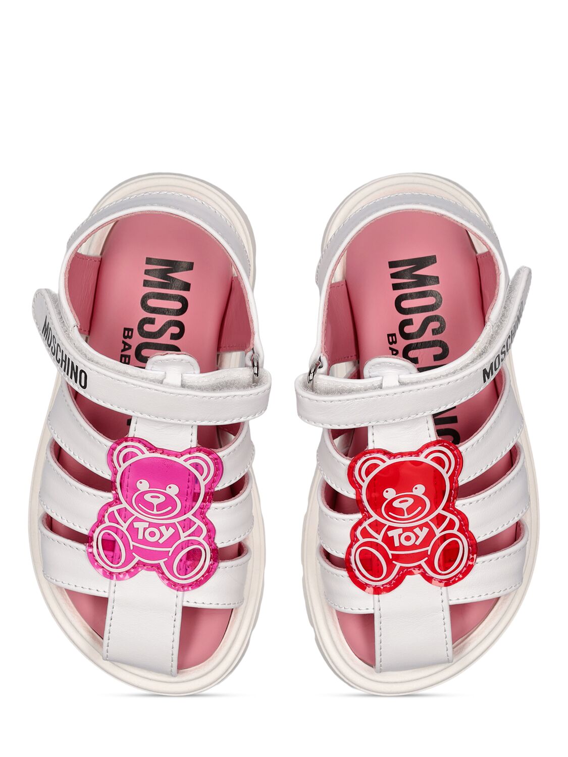 Shop Moschino Logo Print Leather Sandals W/teddy Patch In White,pink