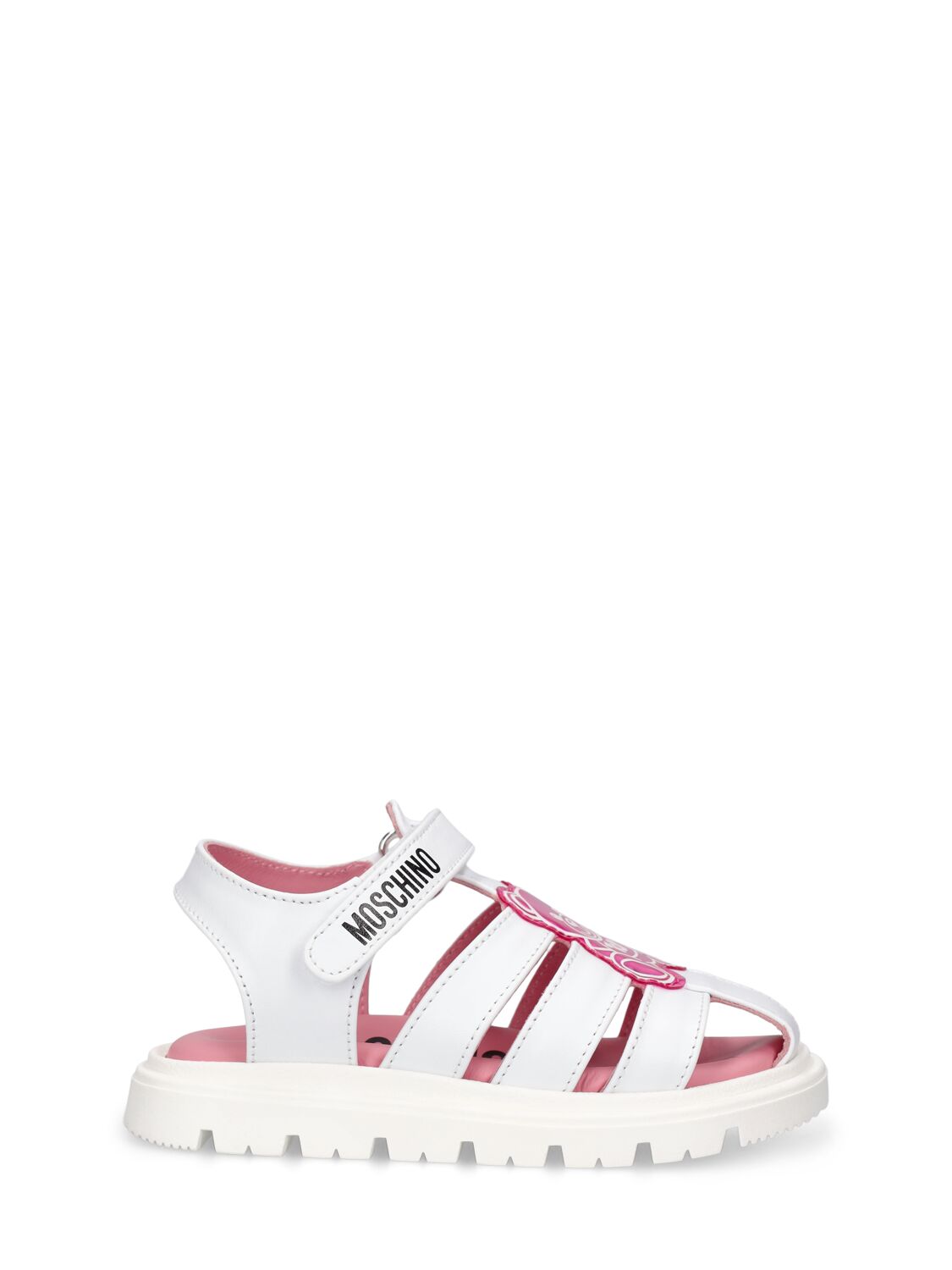Moschino Kids' Logo Print Leather Sandals W/teddy Patch In White,pink