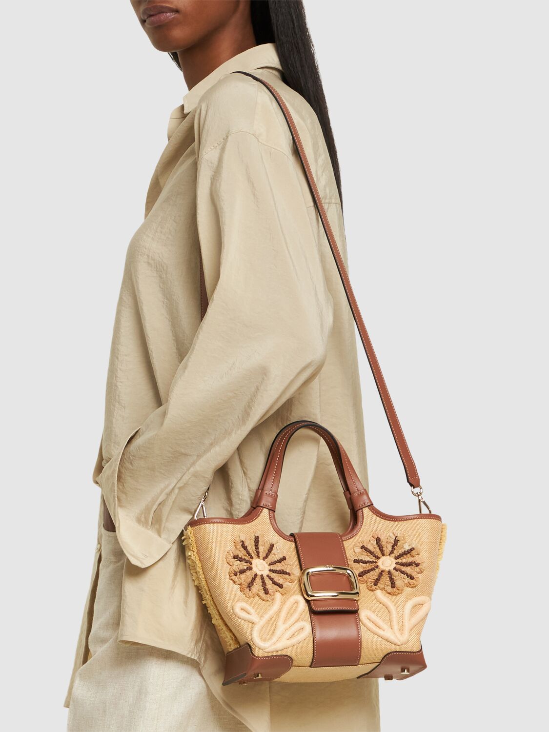 Roger Vivier Mini Grand Vivier Choc Raffia Bag In Beige