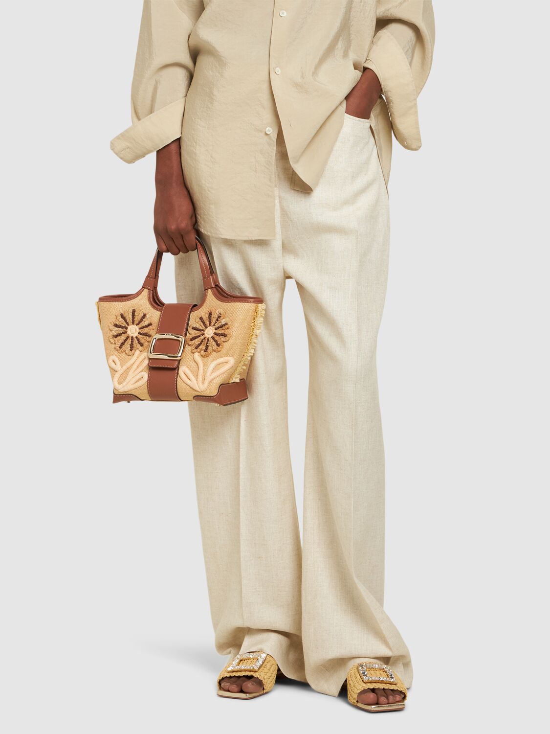 Roger Vivier Mini Grand Vivier Choc Raffia Bag In Beige