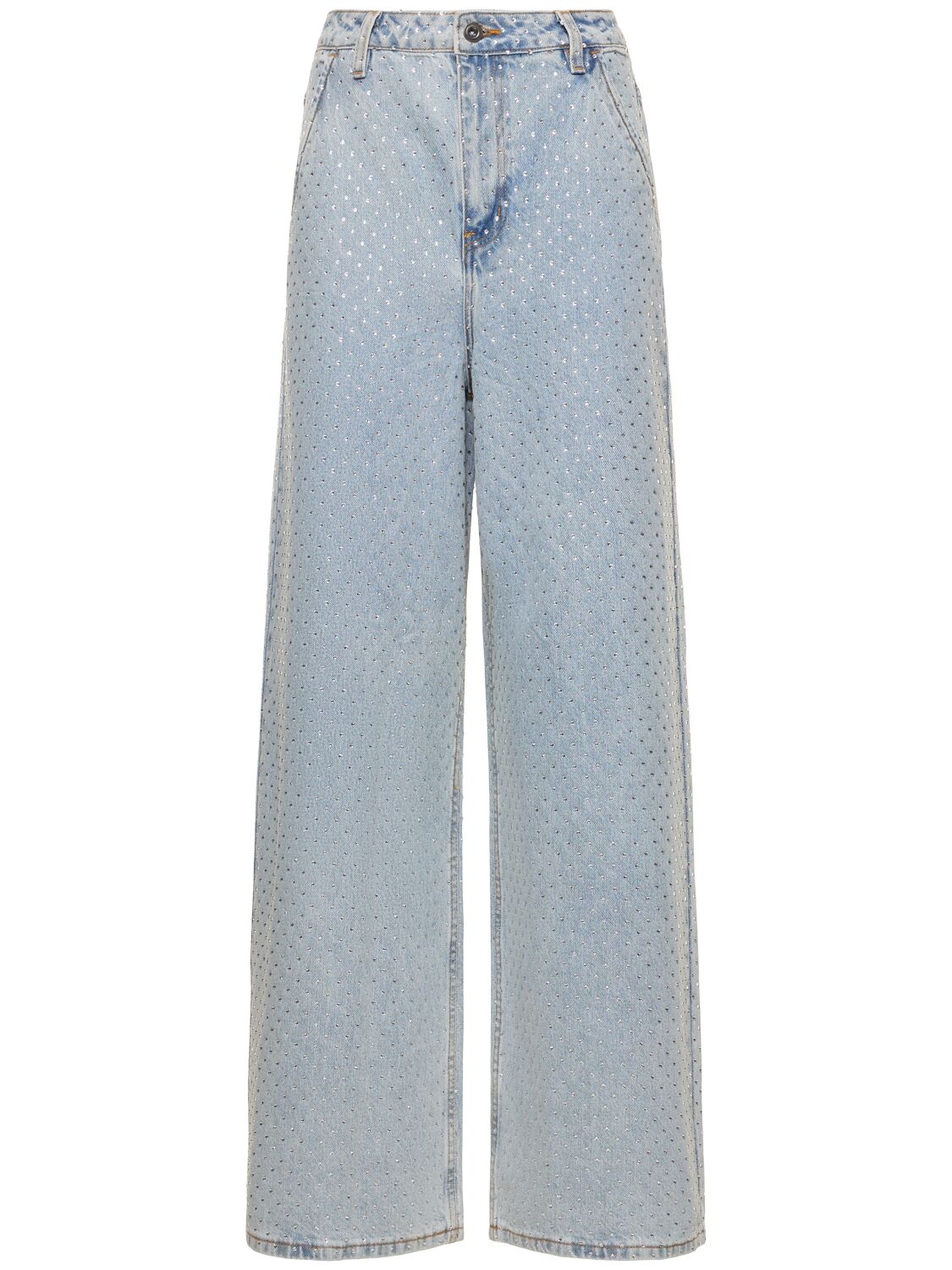 Shop Self-portrait Embellished Cotton Denim Wide Jeans In Blue