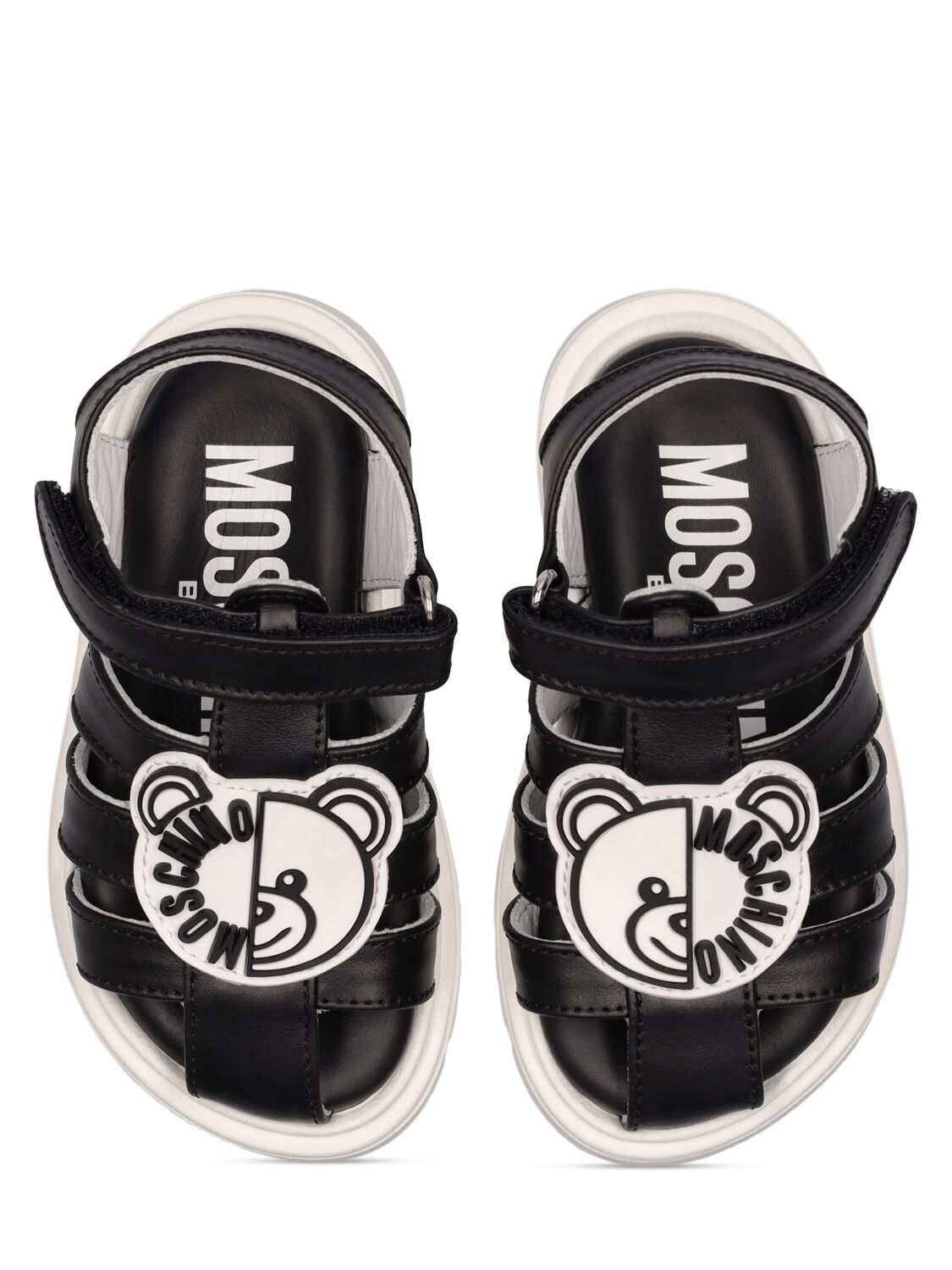 Shop Moschino Logo Print Leather Sandals W/teddy Patch In Black