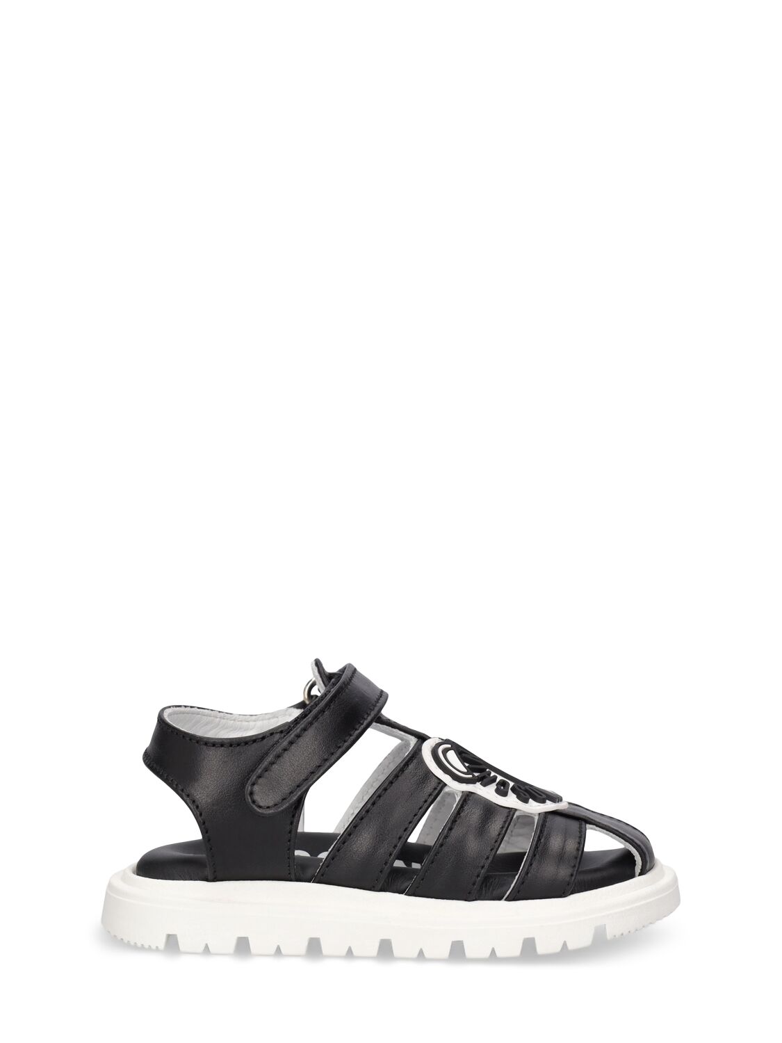 Moschino Kids' Logo Print Leather Sandals W/teddy Patch In Black