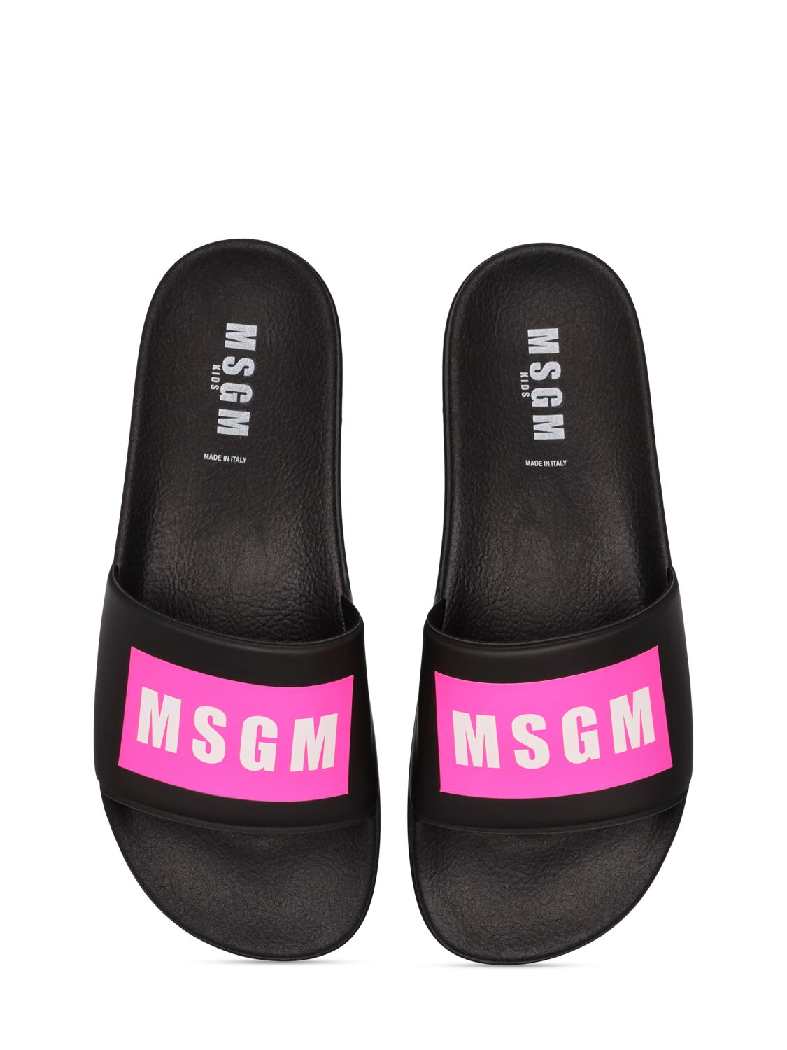Shop Msgm Logo Print Rubber Slide Sandals In Black,fuchsia