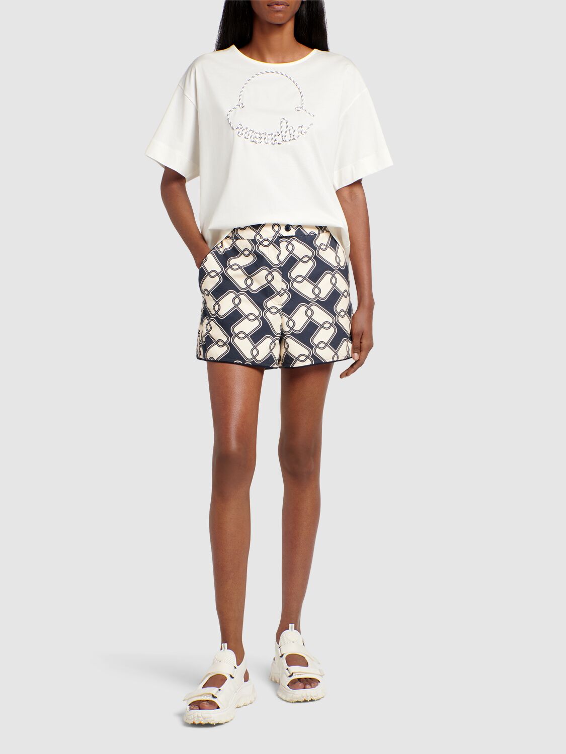 Shop Moncler Printed Cotton Shorts In Blue