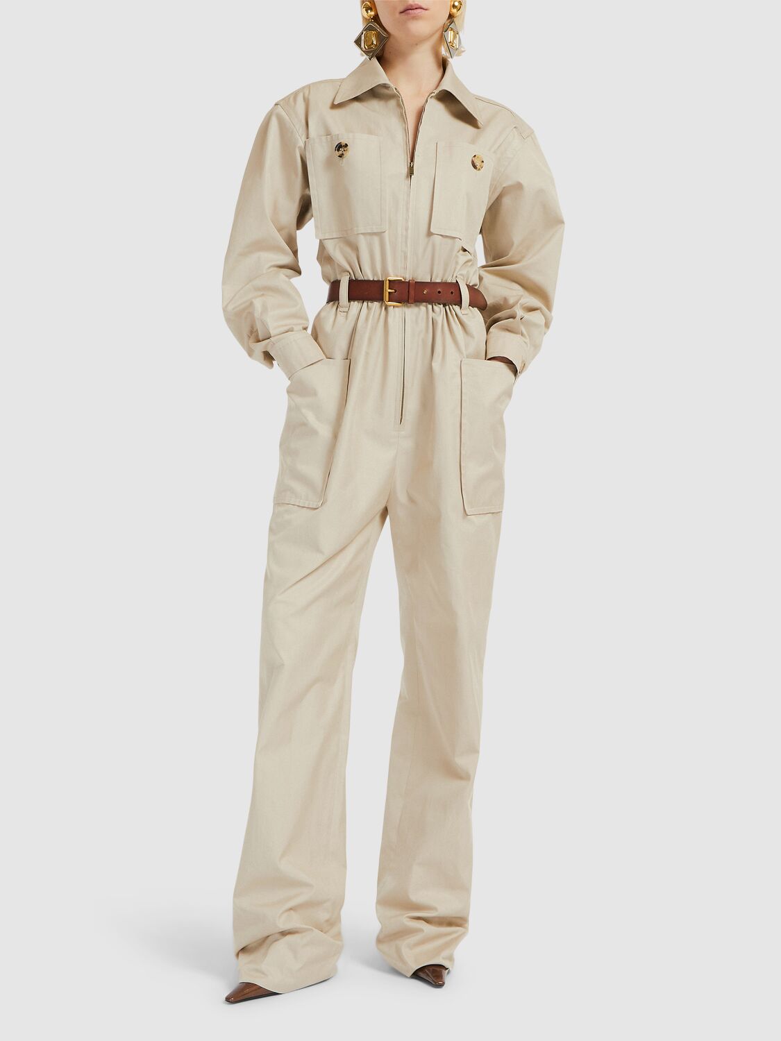 Shop Saint Laurent Cotton Twill Jumpsuit In Beige