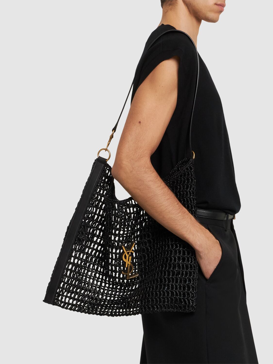 Shop Saint Laurent Cassandre Raffia Tote Bag In Black