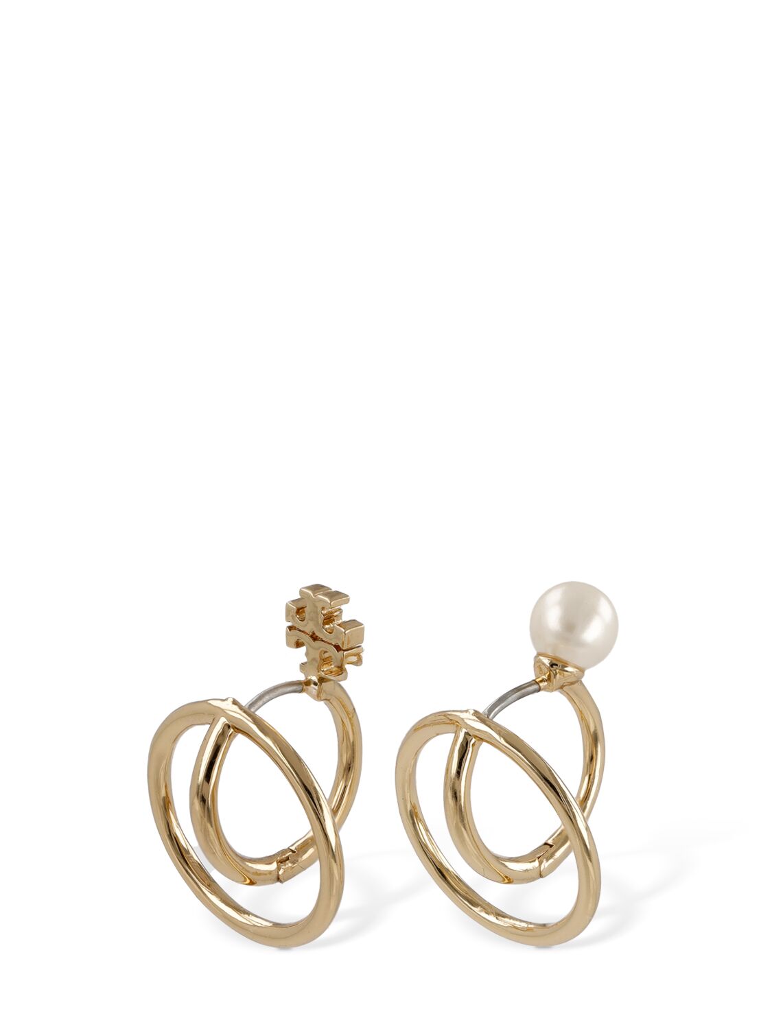 Shop Tory Burch Kira Faux Pearl Double Hoop Earrings In Gold,cream