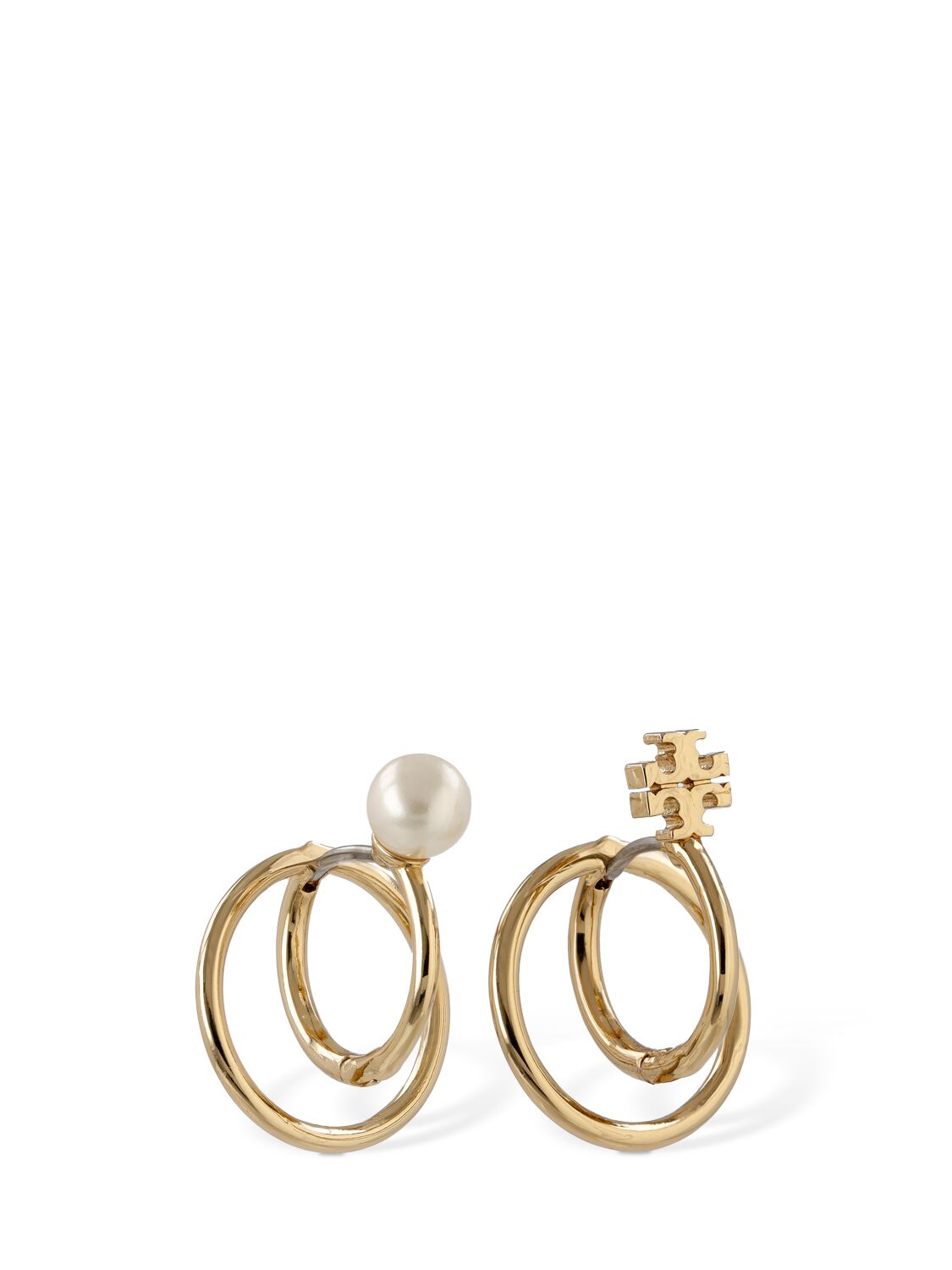 Shop Tory Burch Kira Faux Pearl Double Hoop Earrings In Gold,cream