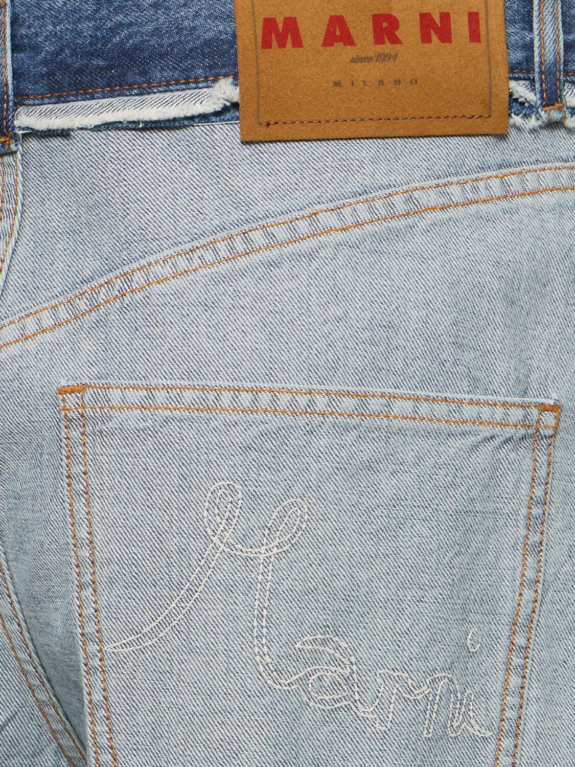 Shop Marni Cotton Denim Raw Cut Wide Jeans In Light Blue