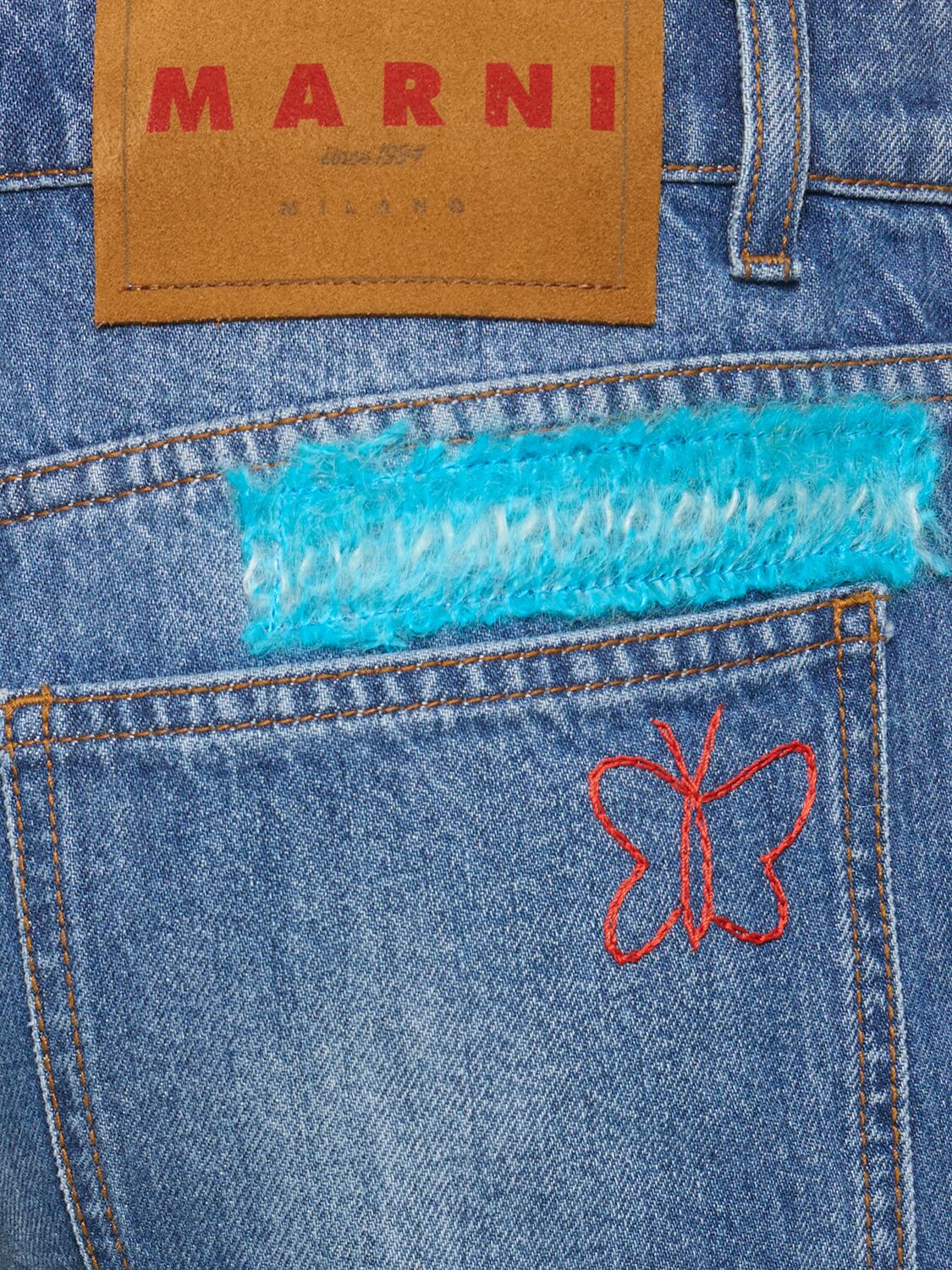 Shop Marni Denim Flared Jeans W/ Patches In Blue